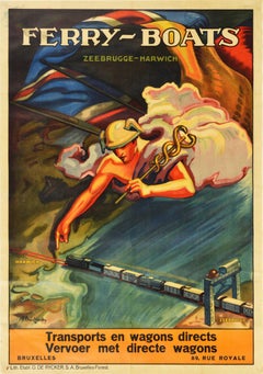 Affiche rétro originale, Voitures de ferry, Zeebrugge, Harwich, Chemin de fer, Transport