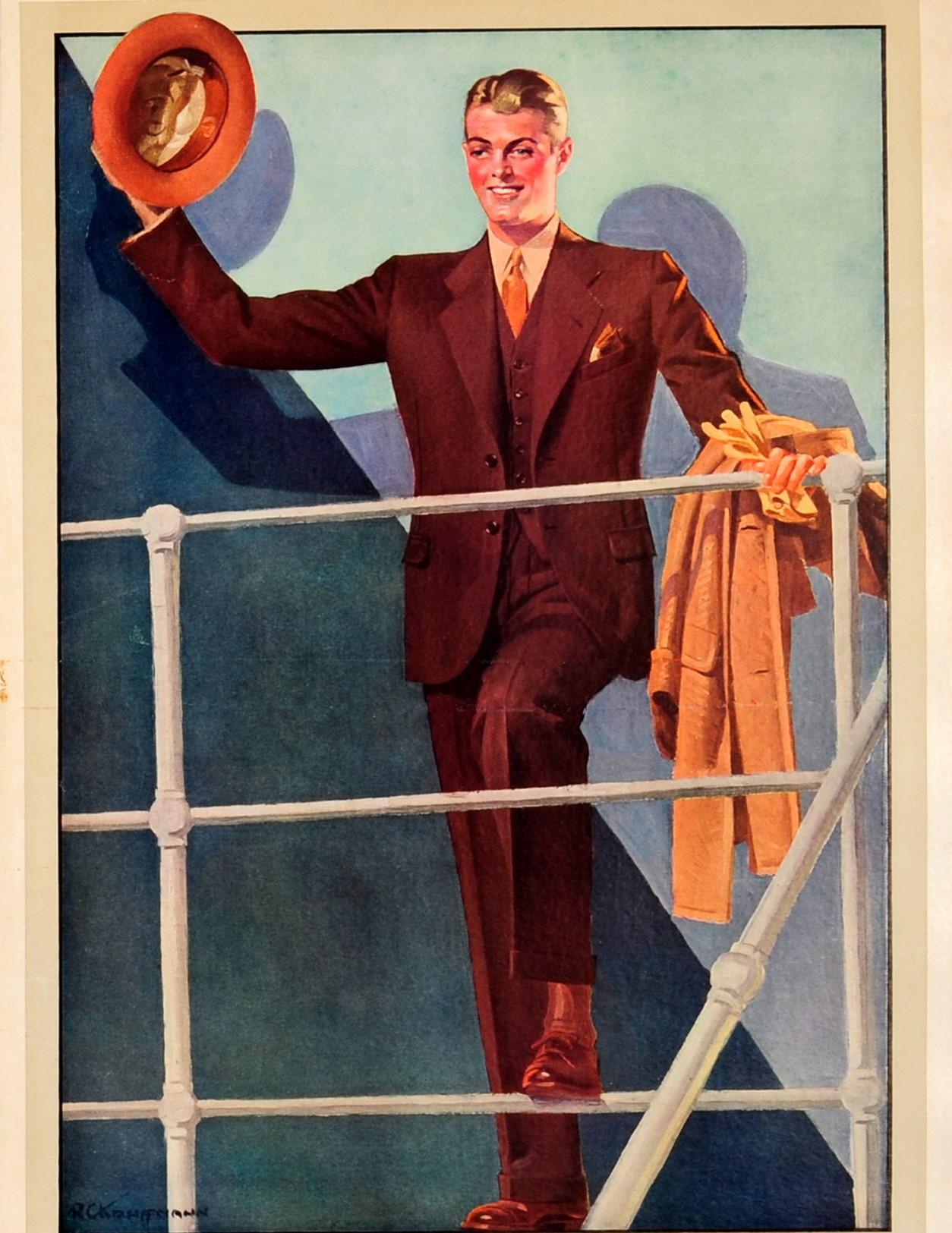 Original-Werbeplakat für Herrenmode der Firma Schloss Bros. & Co. Amerikanisches Kaufhaus mit Sitz in Baltimore und New York, spezialisiert auf Herrenanzüge. Großartige Illustration eines elegant gekleideten jungen Mannes im braunen Anzug mit Weste
