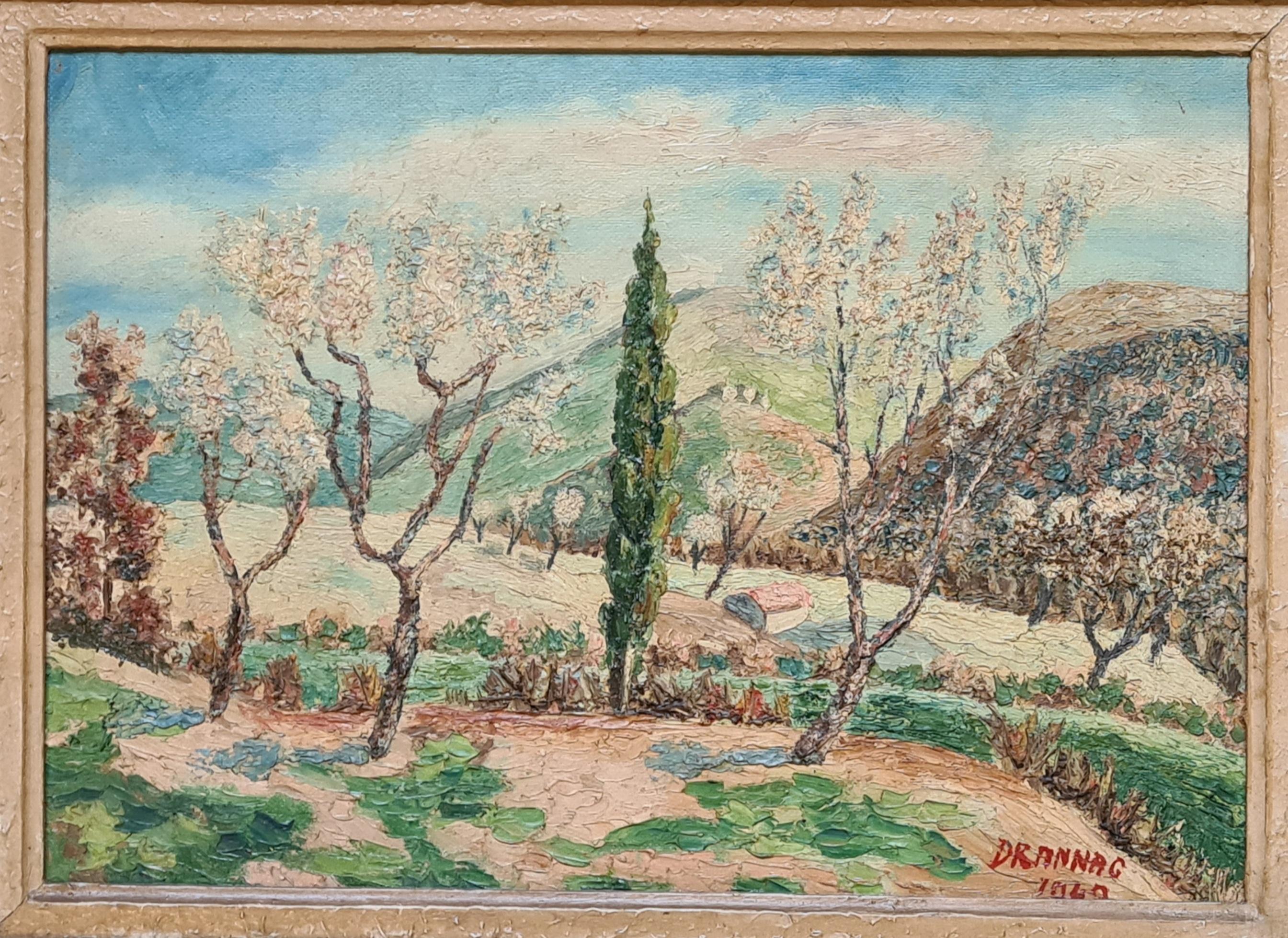 R Cannard Landscape Painting - French Impressionist Landscape, Almond Blossom 'Amandiers St Etienne Les Orgues'