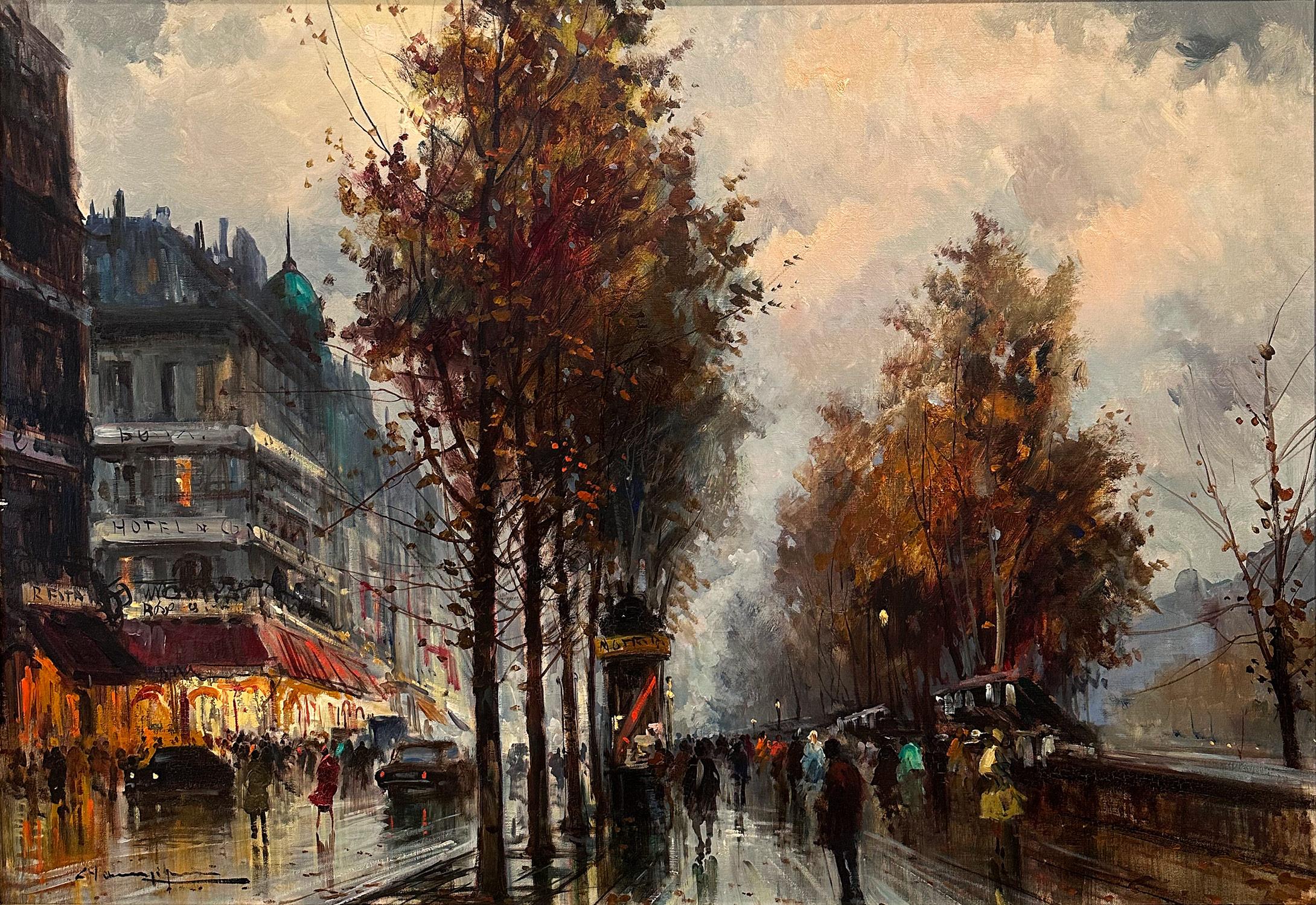 In this piece, the artist depicts his subject in an abstract and impressionistic way, capturing the busy Seine by the Hotel de Paris. The streets of Paris are portrayed in the distance with much life and vibration, we can feel the energy