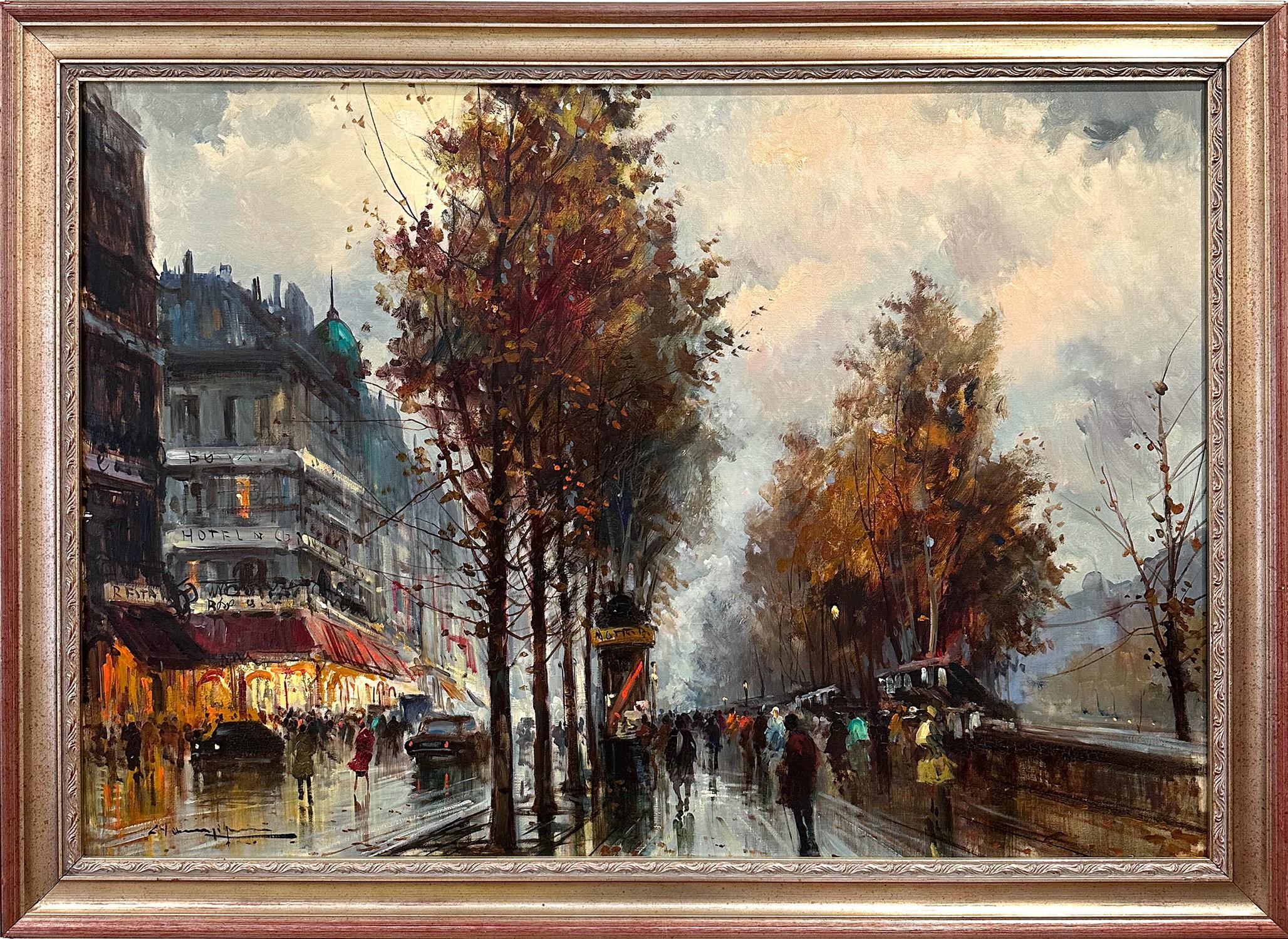 R. Champignon Landscape Painting - "Along the Seine by Hotel de Paris" 20th Century Post-Impressionist Oil Painting