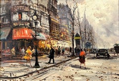 "Parisian Cafe Street Scene" 20th Century Post-Impressionist Oil Paint Canvas