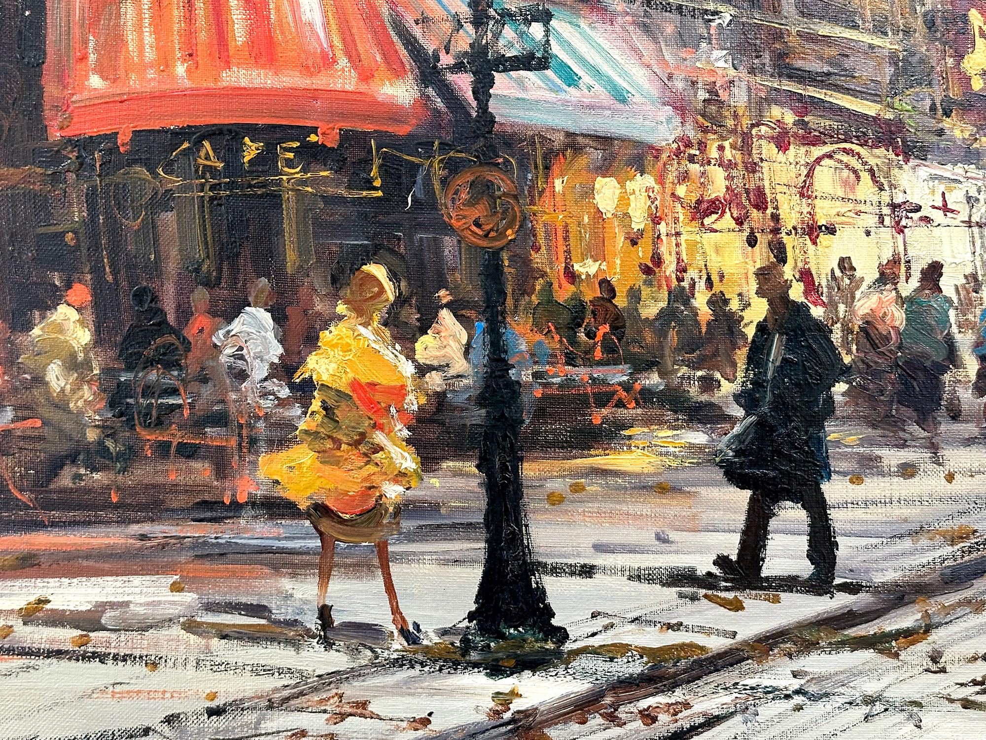 In this piece, the artist depicts his subject in an abstract and impressionistic way, capturing the busy Cafés in the streets of Paris portrayed in the distance. The artist mostly used oil with a pallet knife, with impasto paint, and then by using