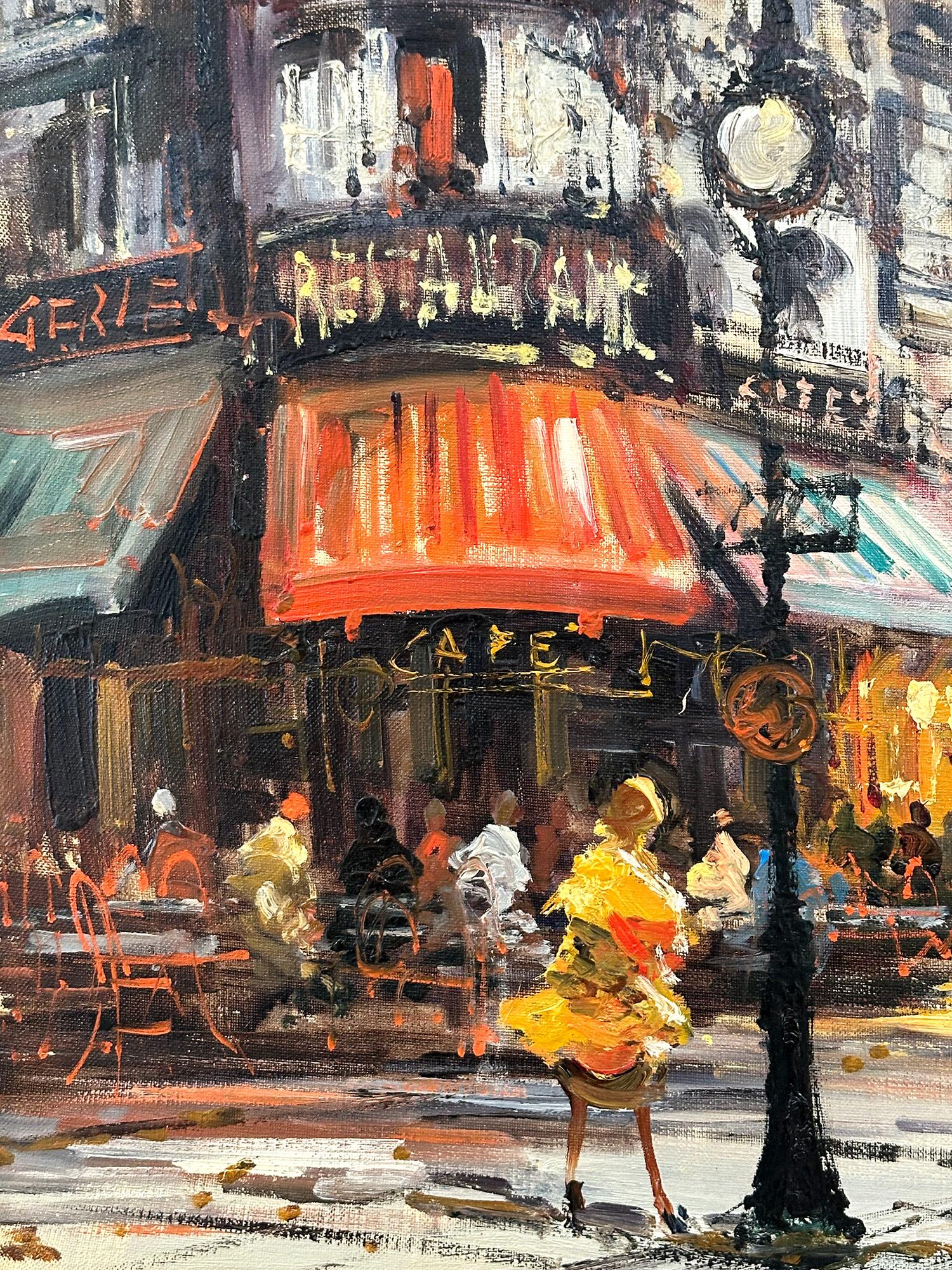 En esta obra, el artista representa su tema de forma abstracta e impresionista, captando los concurridos Cafés de las calles de París retratados en la distancia. El artista utilizó principalmente óleo con espátula, con pintura empastada, y luego,