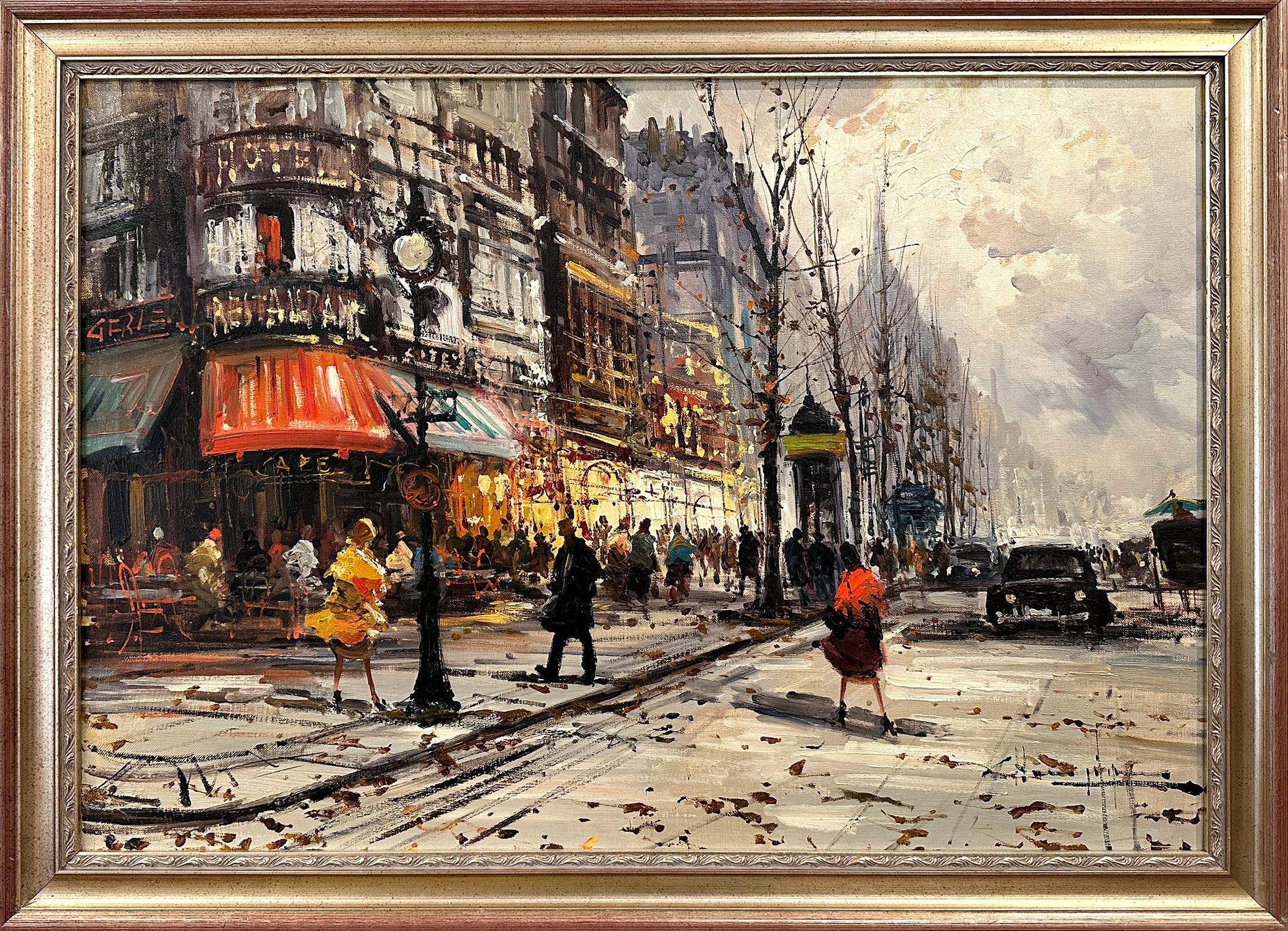 R. Champignon Figurative Painting - "Parisian Cafe Street Scene" 20th Century Post-Impressionist Oil Paint Canvas