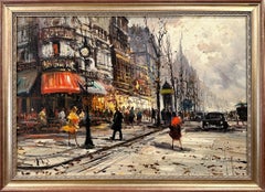 "Parisian Cafe Street Scene" 20th Century Post-Impressionist Oil Paint Canvas