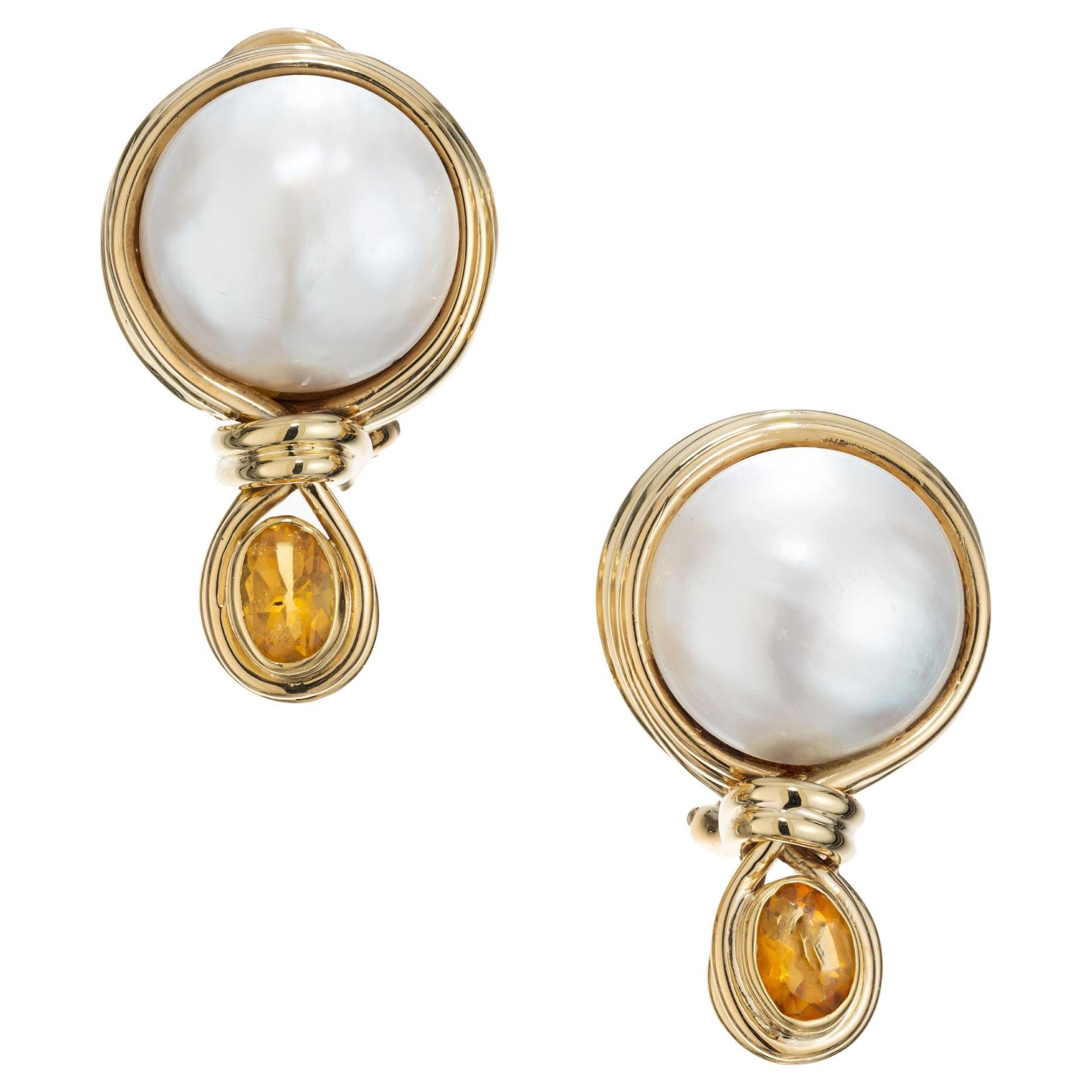 R. Cipullo White Mabe Pearl Oval Citrine Yellow Gold Earrings For Sale