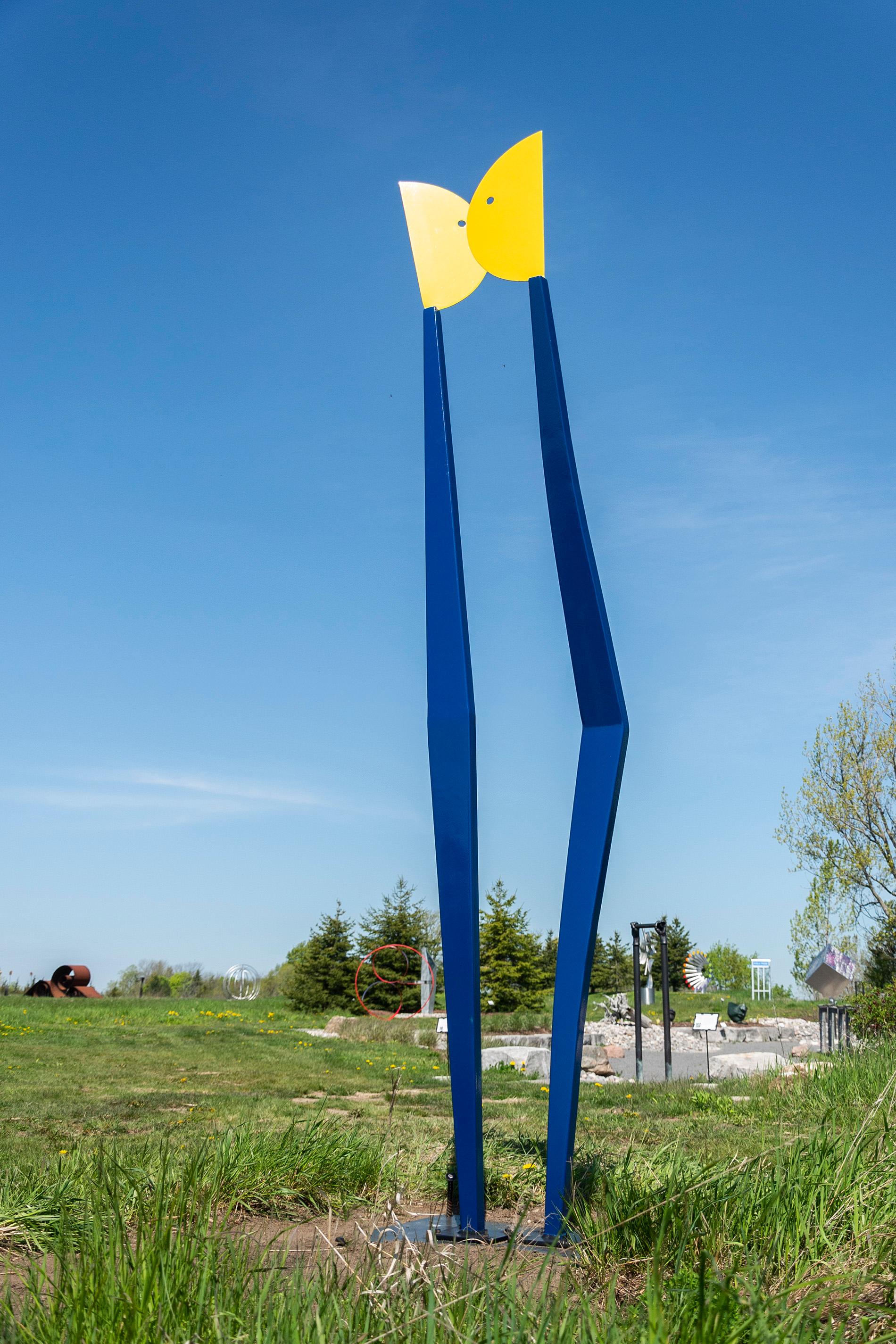 R. Clark Ellis Abstract Sculpture - Facetime - tall, colourful, abstracted figures, aluminum outdoor sculpture