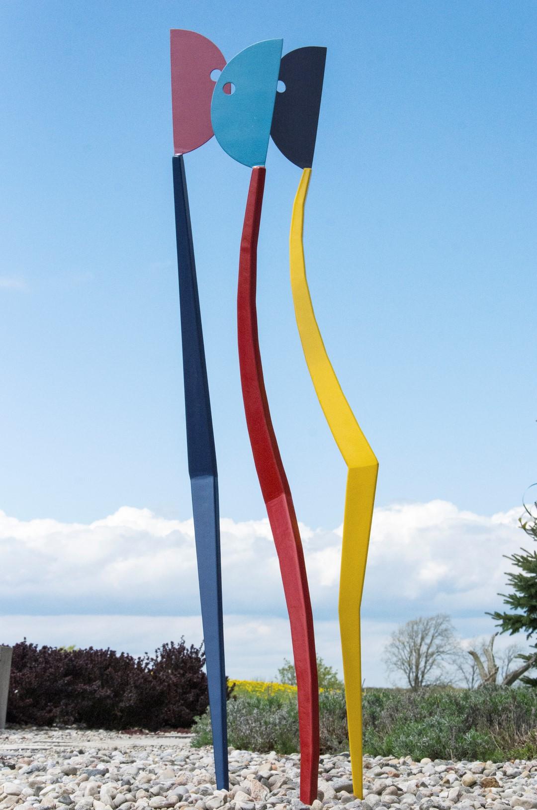 Interloper - colourful, playful, abstracted figures, painted steel sculpture