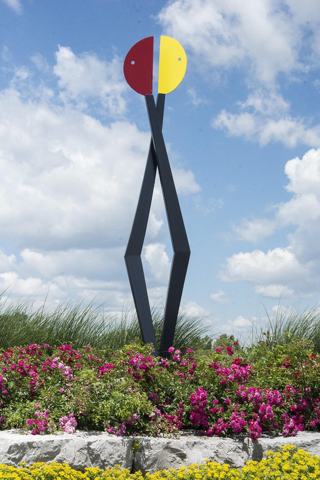 R. Clark Ellis Abstract Sculpture - Past Conversations - colourful, playful, abstracted figures, steel sculpture