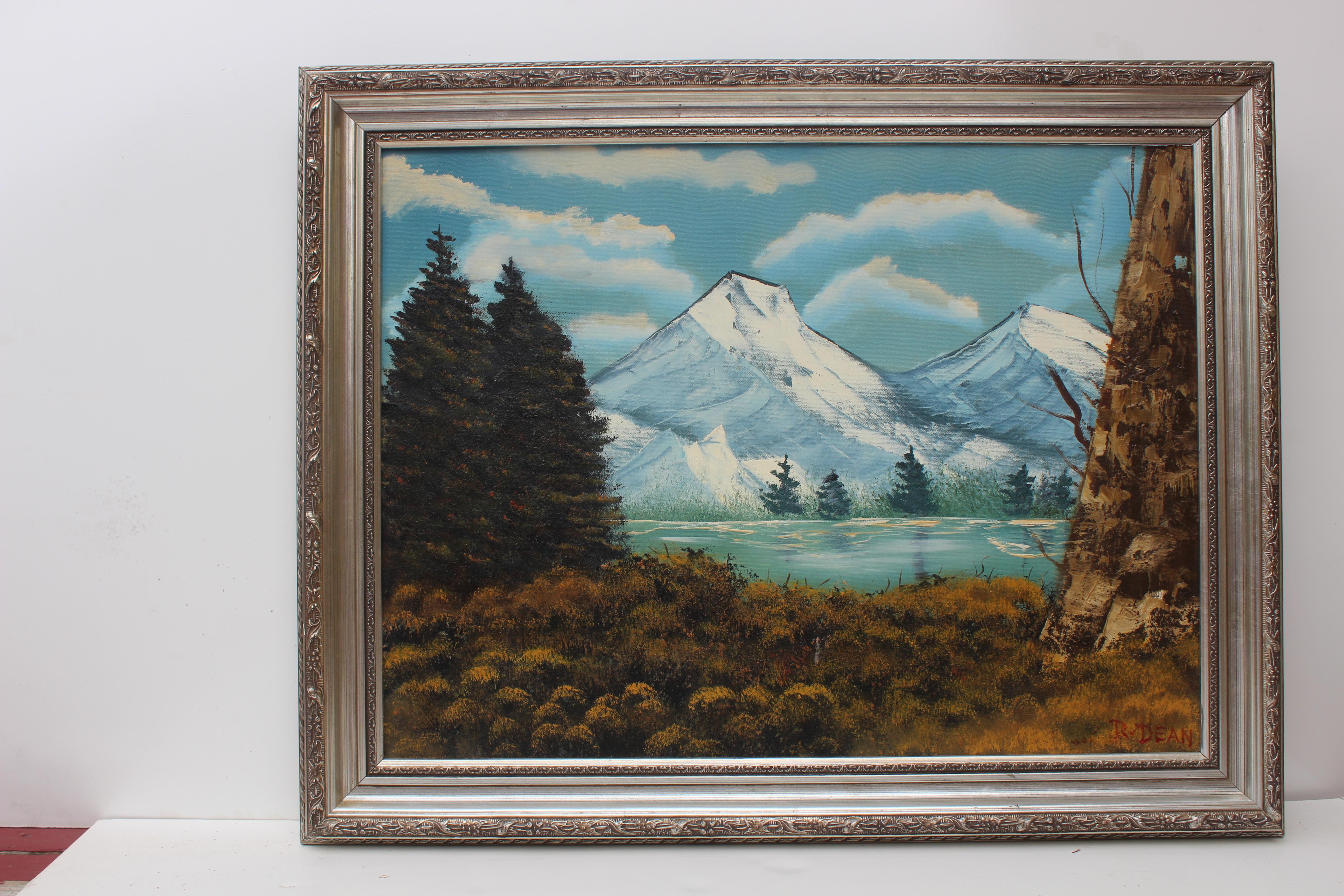 Vintage By  Ölgemälde auf Leinwand, Landschaft, Bergansicht, signiert R.Dean, gerahmt – Painting von R. Dean