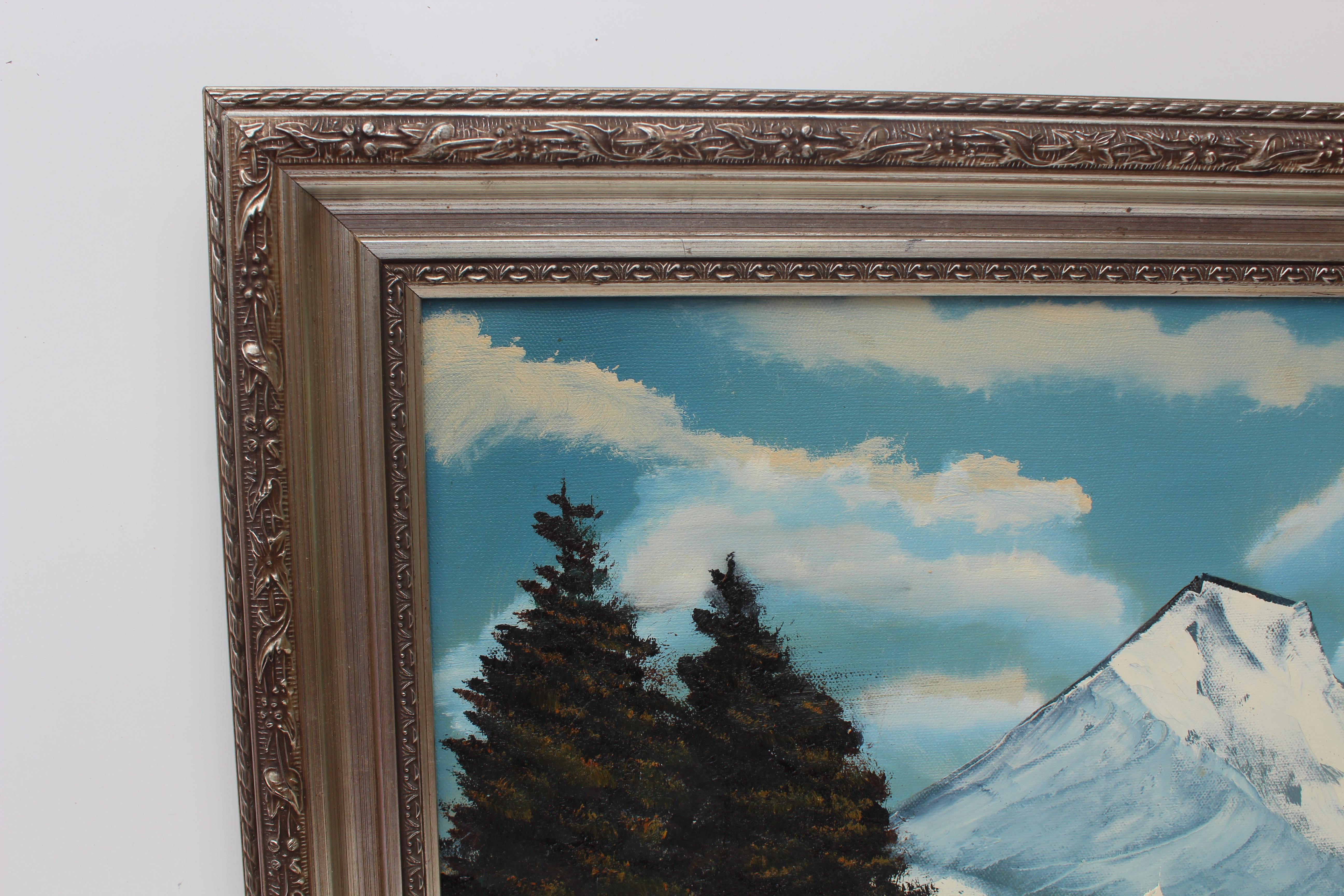 Vintage By  Ölgemälde auf Leinwand, Landschaft, Bergansicht, signiert R.Dean, gerahmt (Grau), Landscape Painting, von R. Dean
