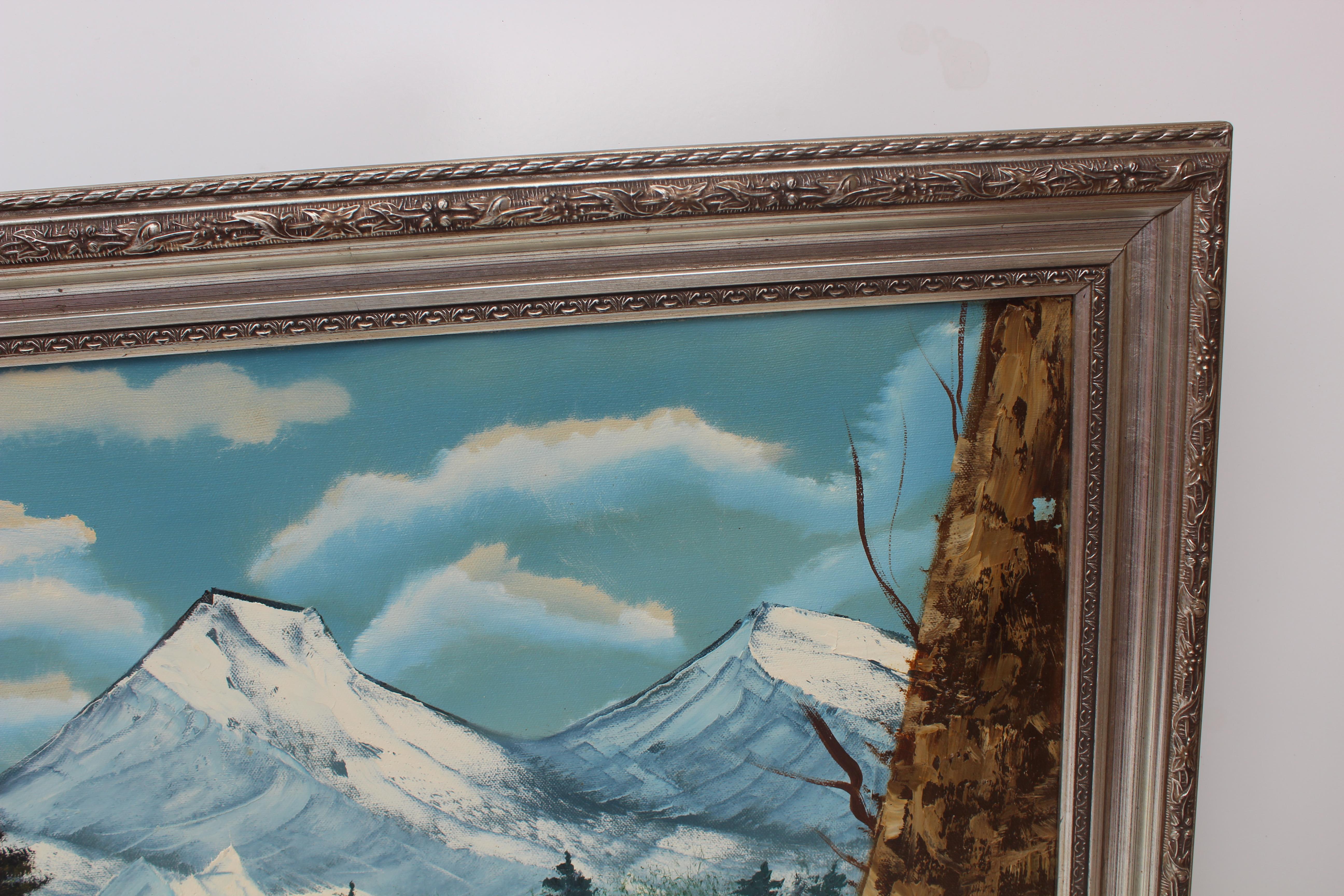 Es handelt sich um ein schönes Ölgemälde auf Leinwand, das eine Landschaft mit Blick auf die Berge zeigt und in der unteren rechten Ecke mit R Dean signiert ist. Das Gemälde hat erstaunliche Details und Pinselstriche und ist in gutem Zustand ohne