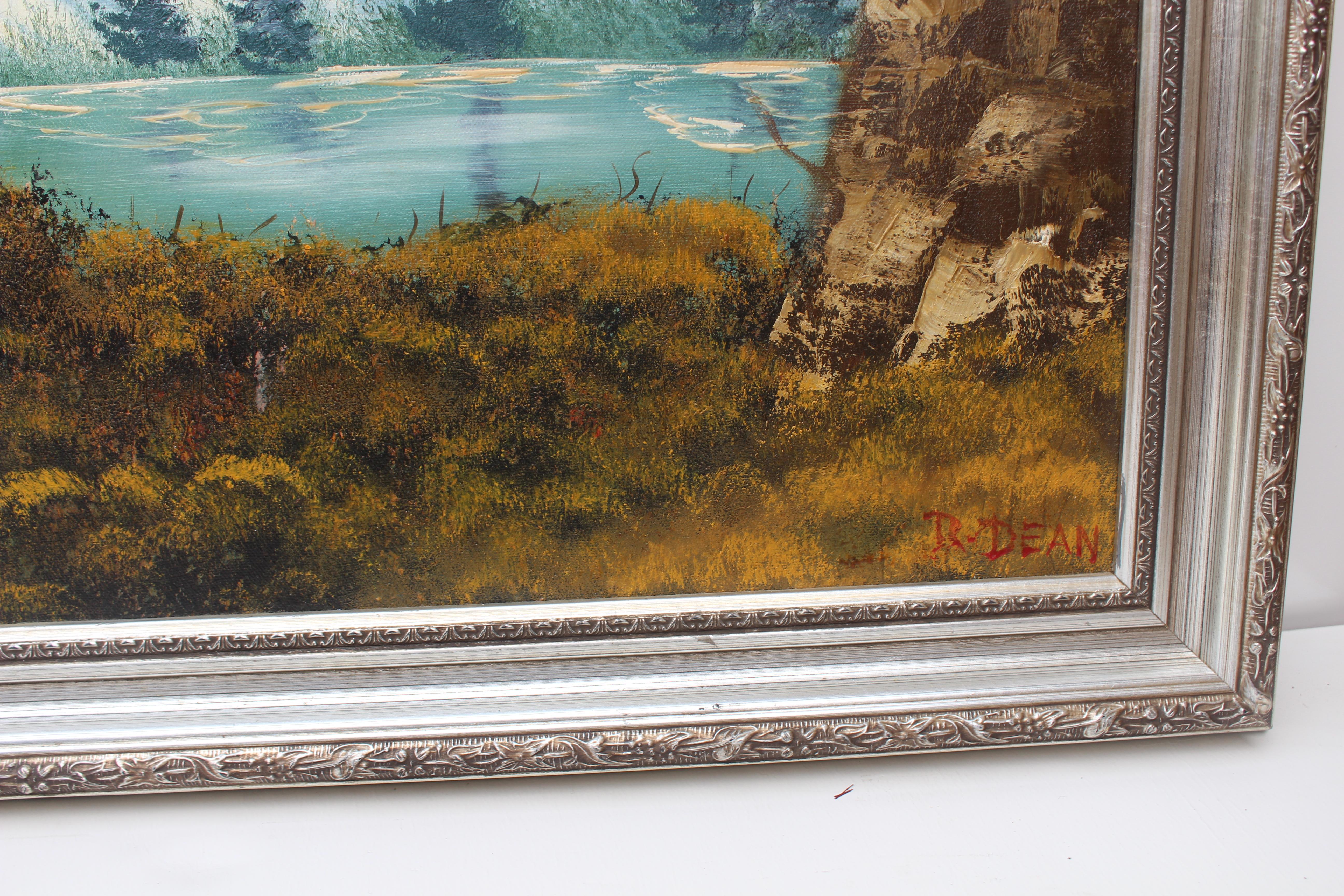 Vintage By  Ölgemälde auf Leinwand, Landschaft, Bergansicht, signiert R.Dean, gerahmt im Angebot 1