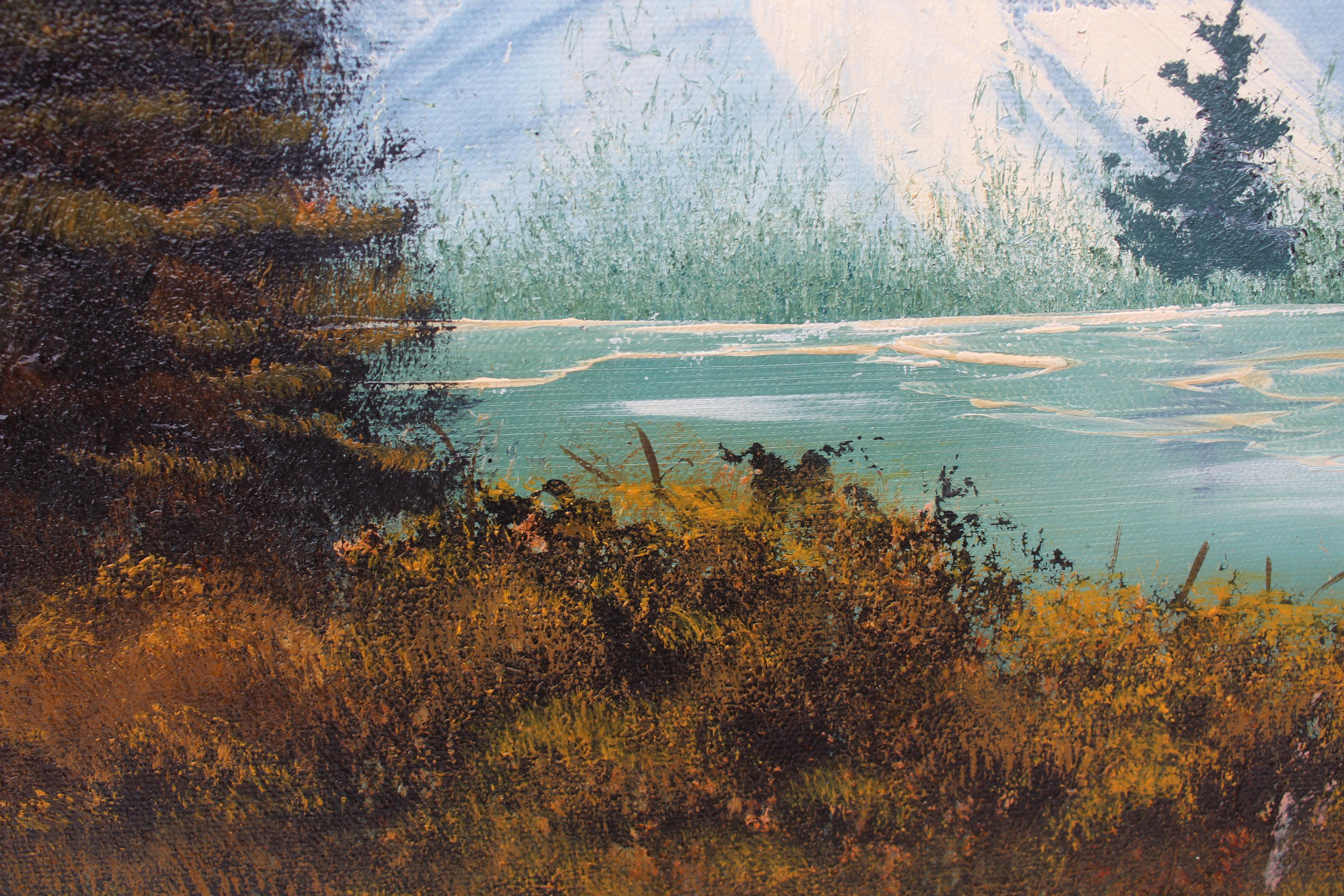 Vintage By  Ölgemälde auf Leinwand, Landschaft, Bergansicht, signiert R.Dean, gerahmt im Angebot 2