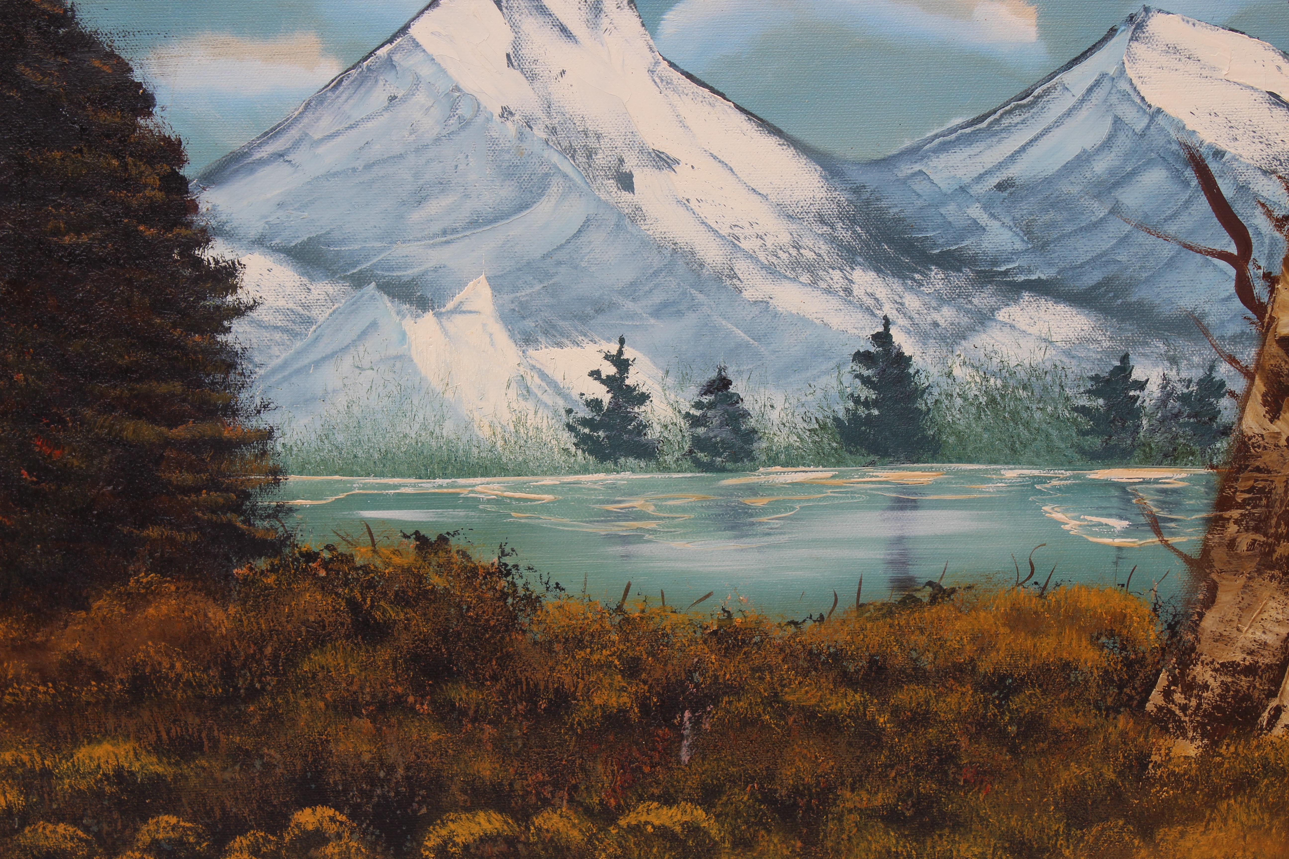 Vintage By  Ölgemälde auf Leinwand, Landschaft, Bergansicht, signiert R.Dean, gerahmt im Angebot 3