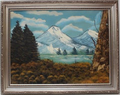 Vintage  dipinto a olio su tela, paesaggio, vista di montagna, firmato R.Dean, incorniciato