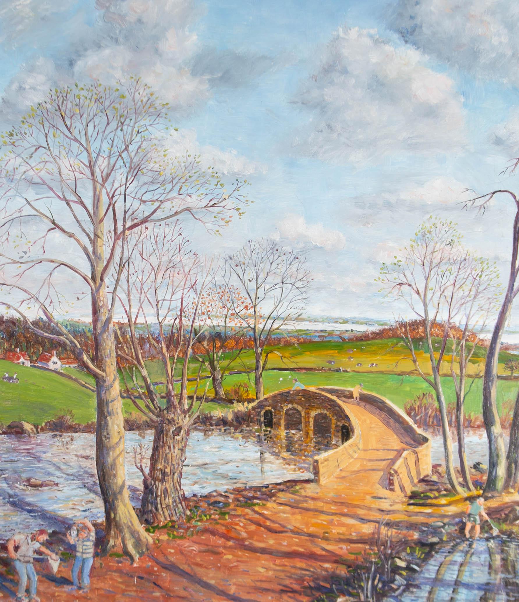 R. Dutton - Large 2010 Oil, Fishing by the Bridge For Sale 1