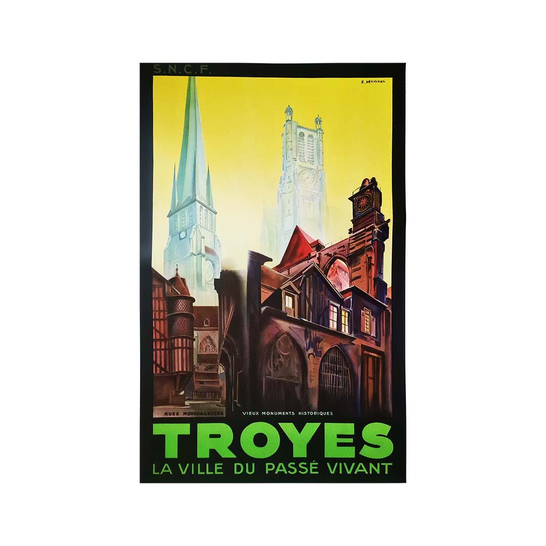 Original poster of R. Devignes for the SNCF and the city of Troyes, its medieval streets, its old historical monuments.

Troyes is a city of the region Grand Est, in the North-East of France. Its medieval old town is characterized by narrow cobbled