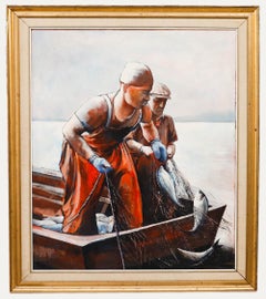 R. E. Banwell - Óleo contemporáneo enmarcado, Trayendo la pesca