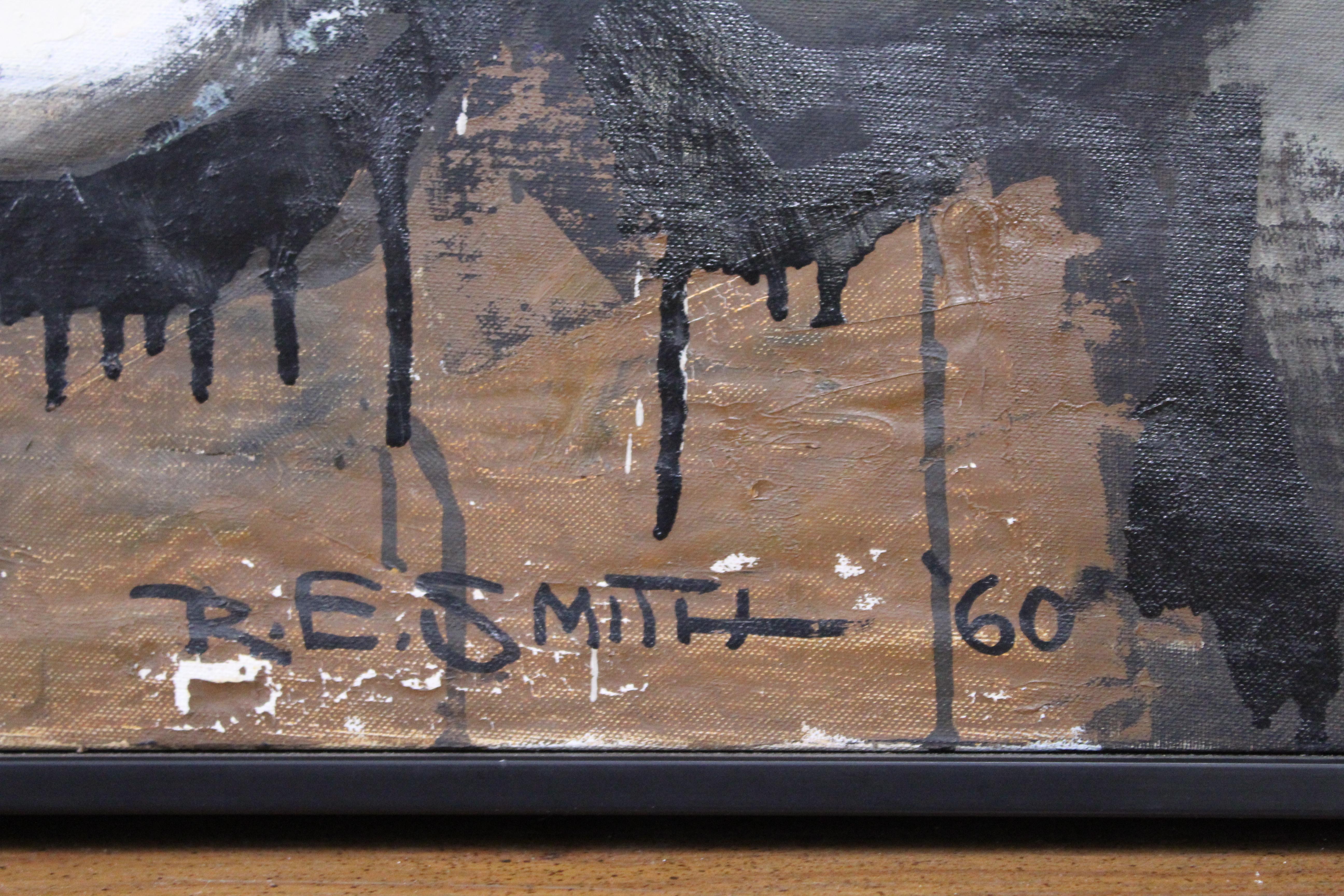 Abstract oil on canvas with modern black wood frame. Signed and dated R. E. Smith 1960.