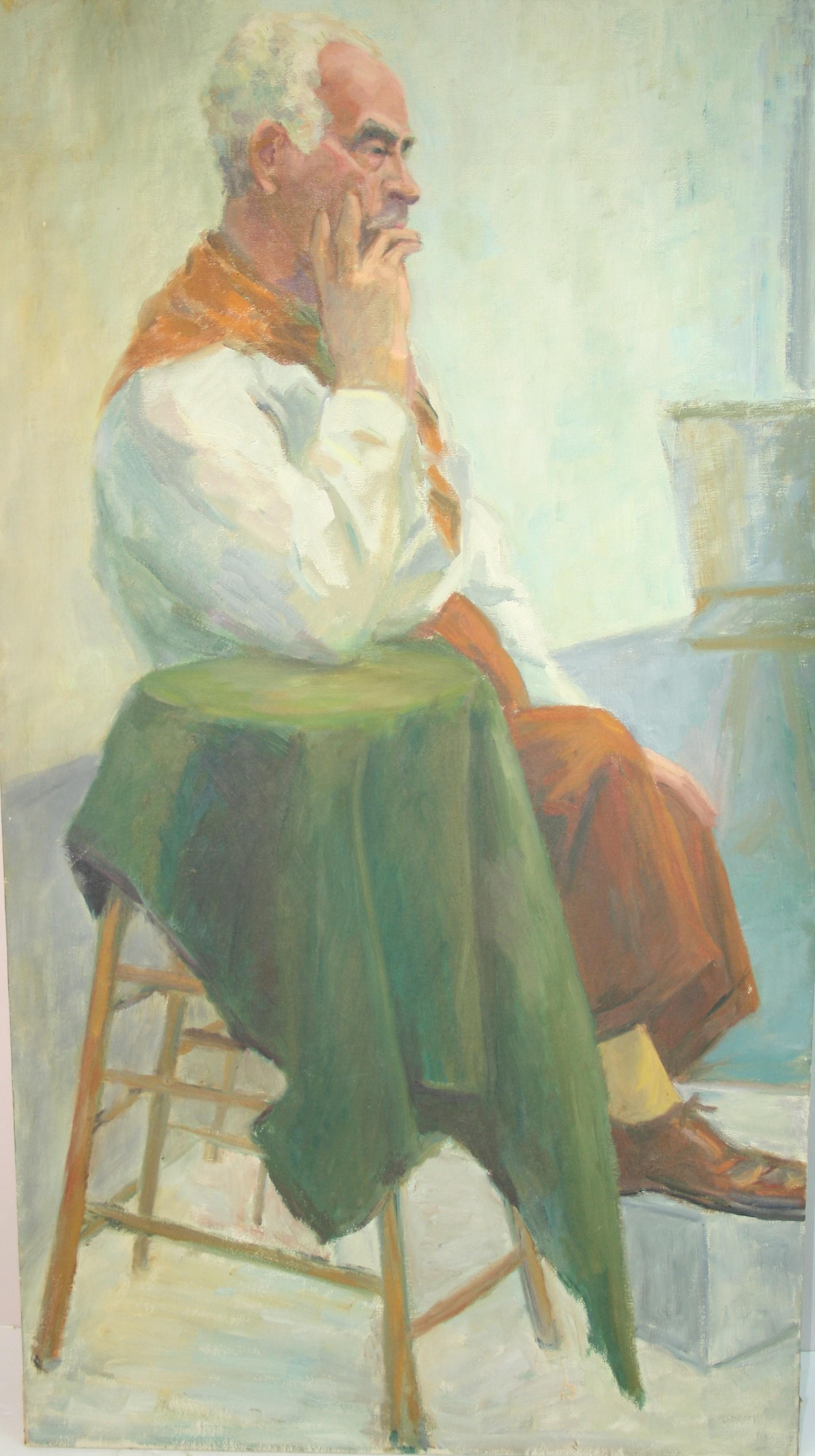 French Artist at his Easel Oversized oil Painting - Beige Figurative Painting by R. Eisenstein