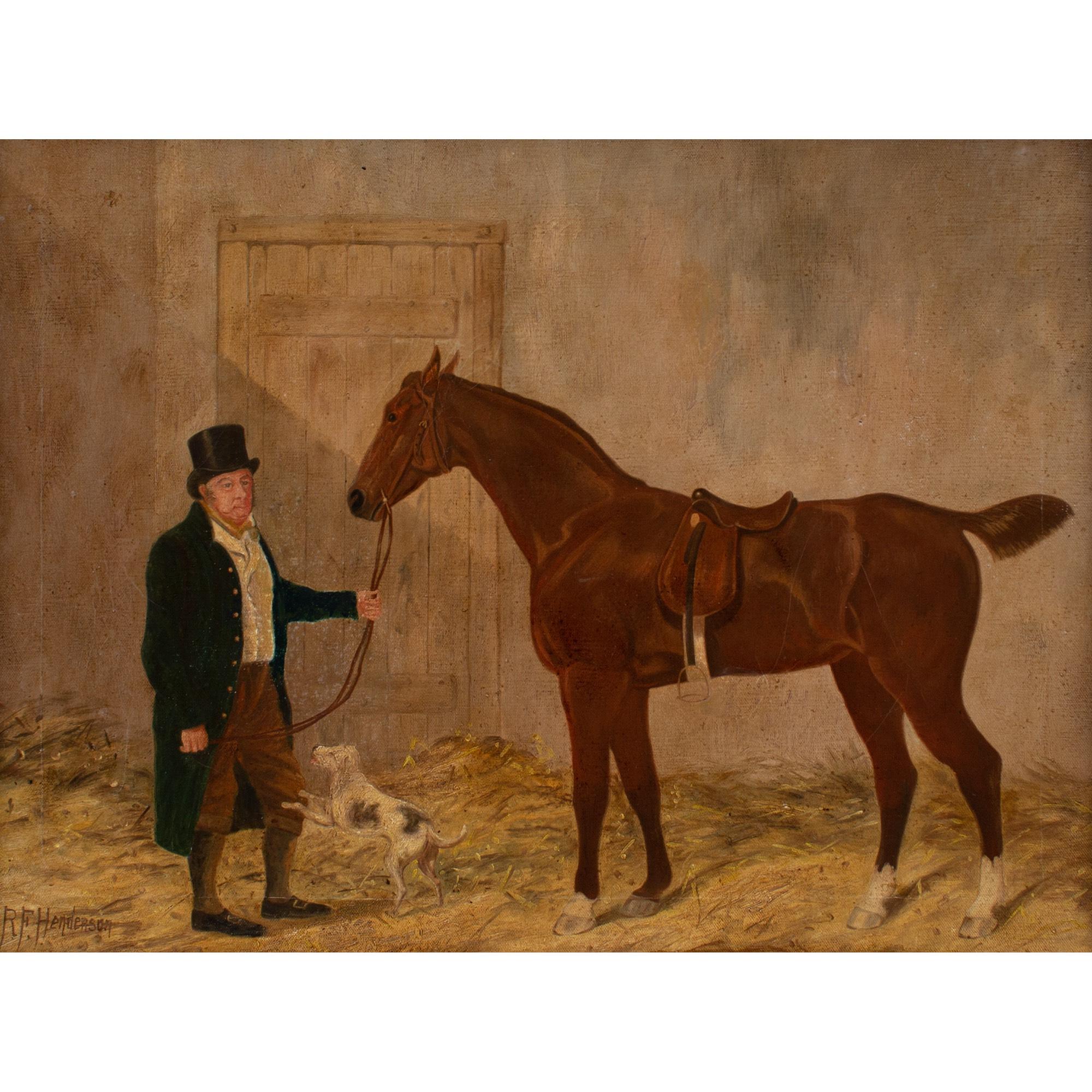 R F Henderson, An Owner With A Chestnut Racehorse & Terrier In A Stable 1