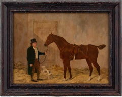 R F Henderson, An Owner With A Chestnut Racehorse & Terrier In A Stable