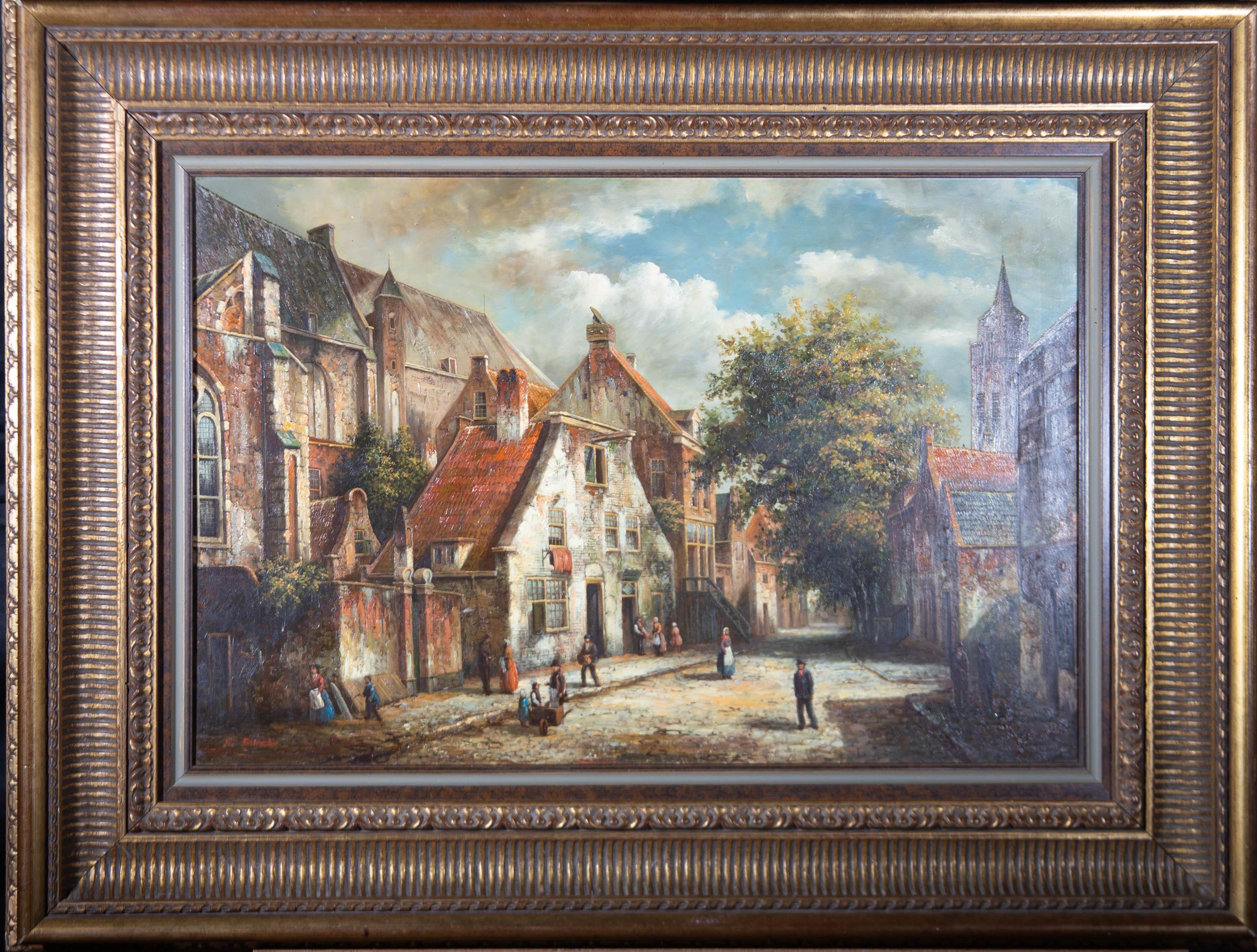 A continental, possibly Dutch, historic street scene. Presented in a substantial gilt-effect wooden frame with a fluted cove. Signed to the lower-left edge. On panel.
