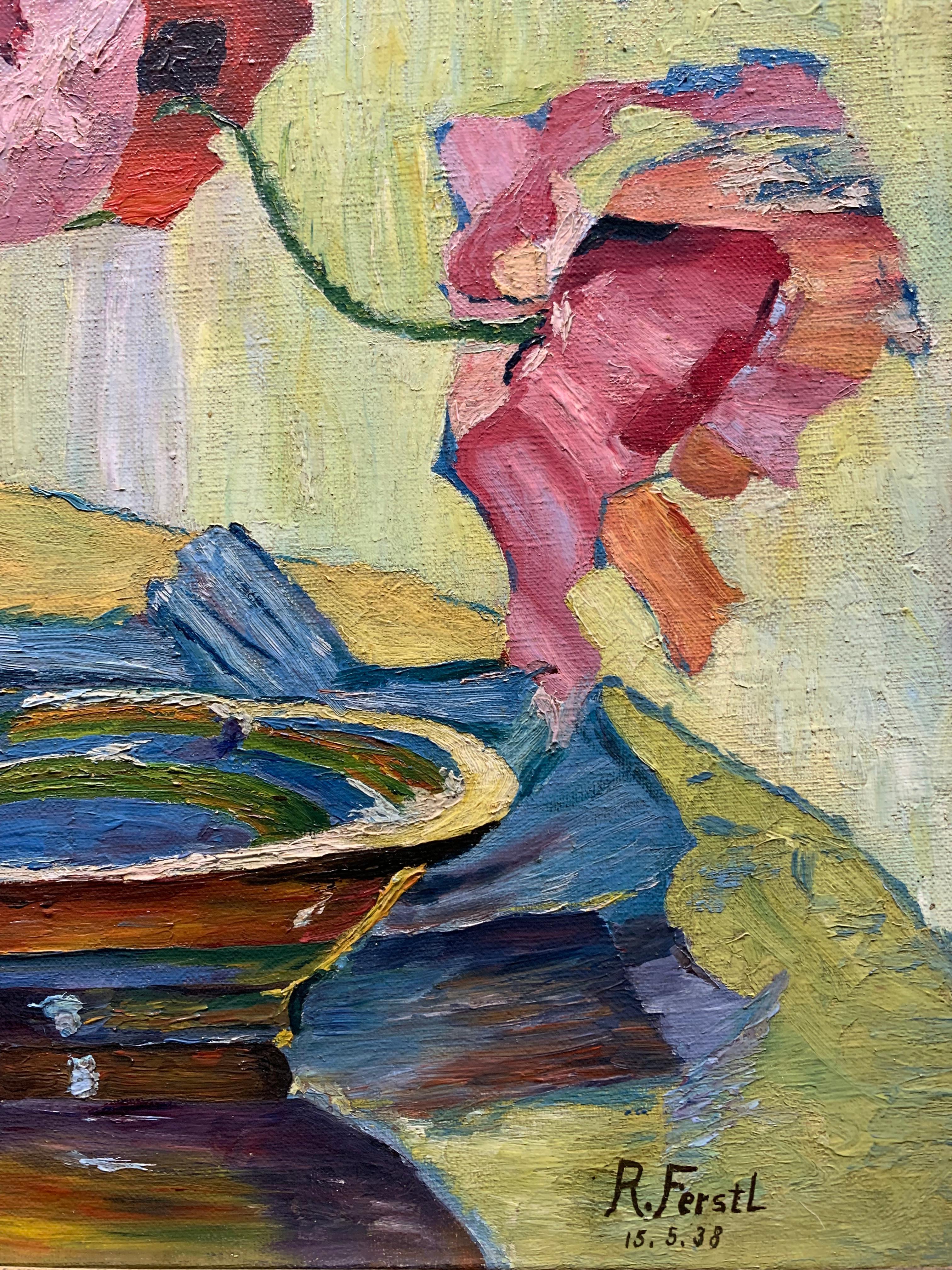 Impressionist flowers painted by R. Ferstl 1938 - Oil Still Life of flowers  4