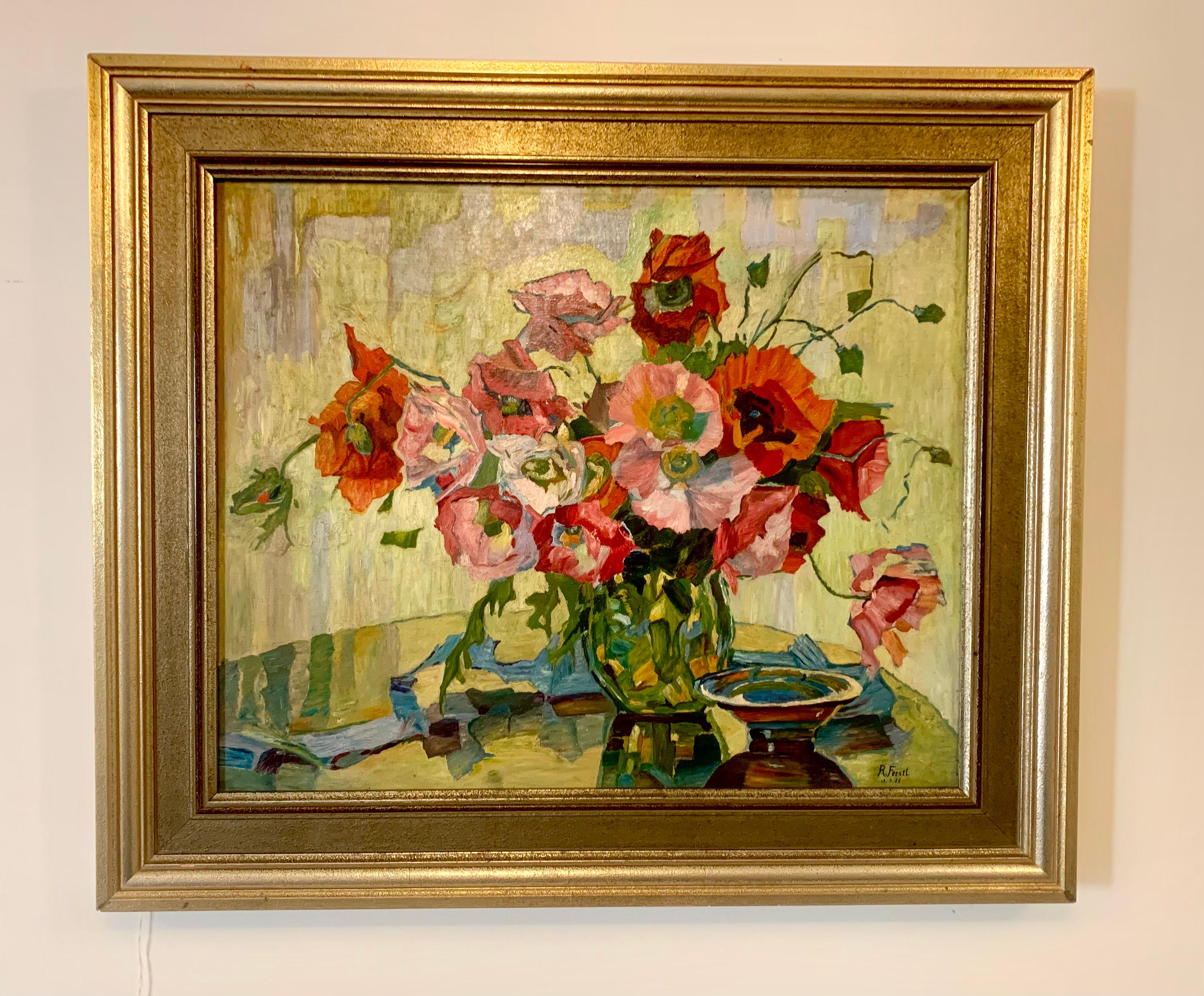 Impressionist flowers painted by R. Ferstl 1938 - Oil Still Life of flowers  7