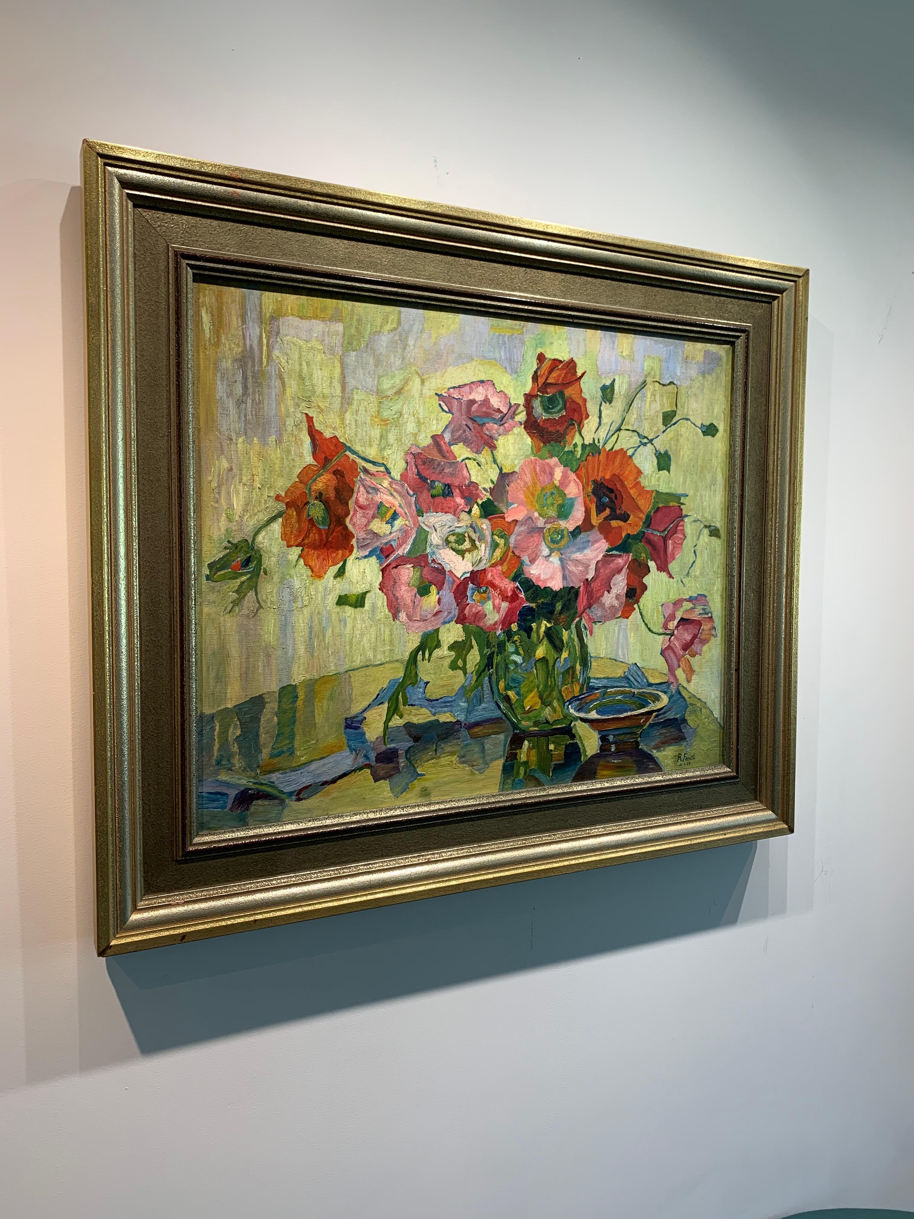 Beautiful still life painting of flowers in a vase. Impressionist in style, this is a pre-war German oil painting by R. Ferstl. It was painted in 1938 and is signed and dated on the front. The oil color is used impasto and creates a beautiful