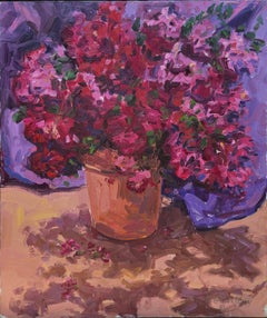 Pintura al óleo sobre lienzo Bodegón de flores rojas y rosas en maceta de terracota
