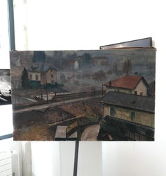 Paysage de campagne par R. Garance - Huile sur toile 64x100 cm