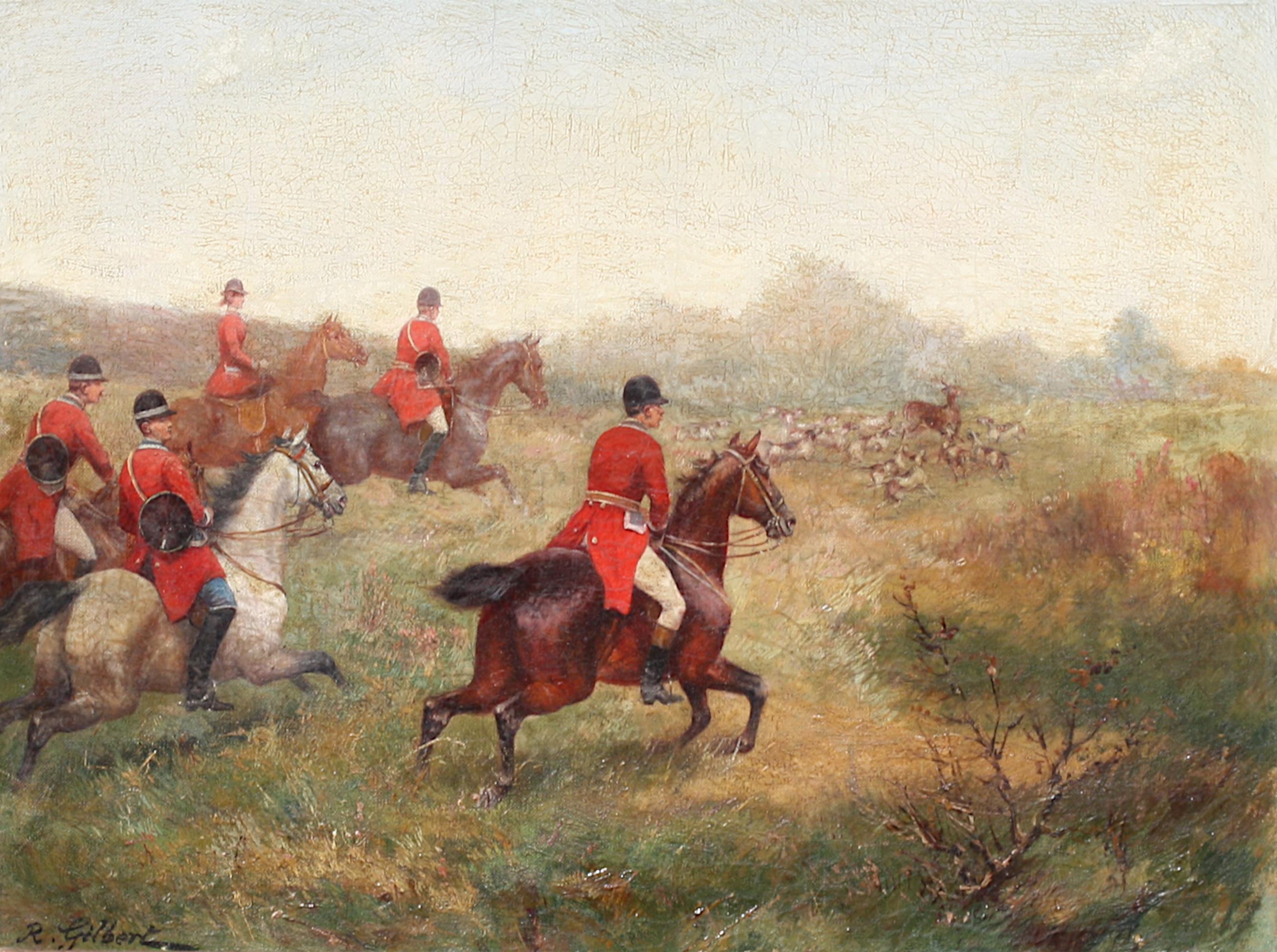 
R. Gilbert, (British, 19th/20th Century), Sporting Hunt Scene 
signed, oil on canvas, 
11.5 by 15.5 in. (29.21 by 39.37 cm.), overall, in a gilt frame 17 by 21 in. (43.18 by 53.34 cm.)
Provenance: Spencer Gallery, Palm Beach, FL.