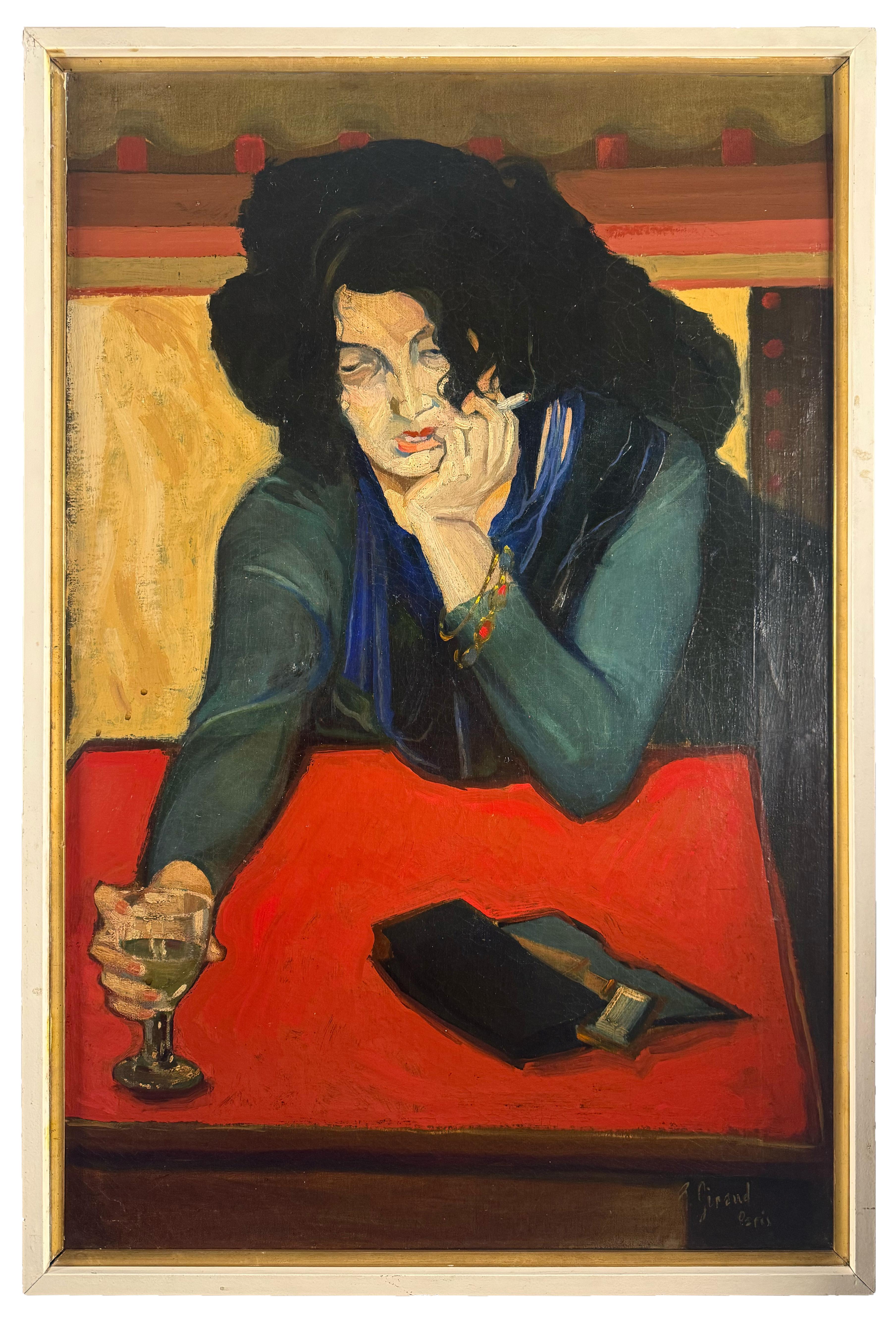 Porträt einer einsamen Frau an einem Café-Tisch mit einem Glas Absinth