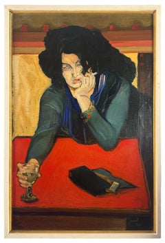 Portrait of a solitary woman at a café table with a glass of absinthe