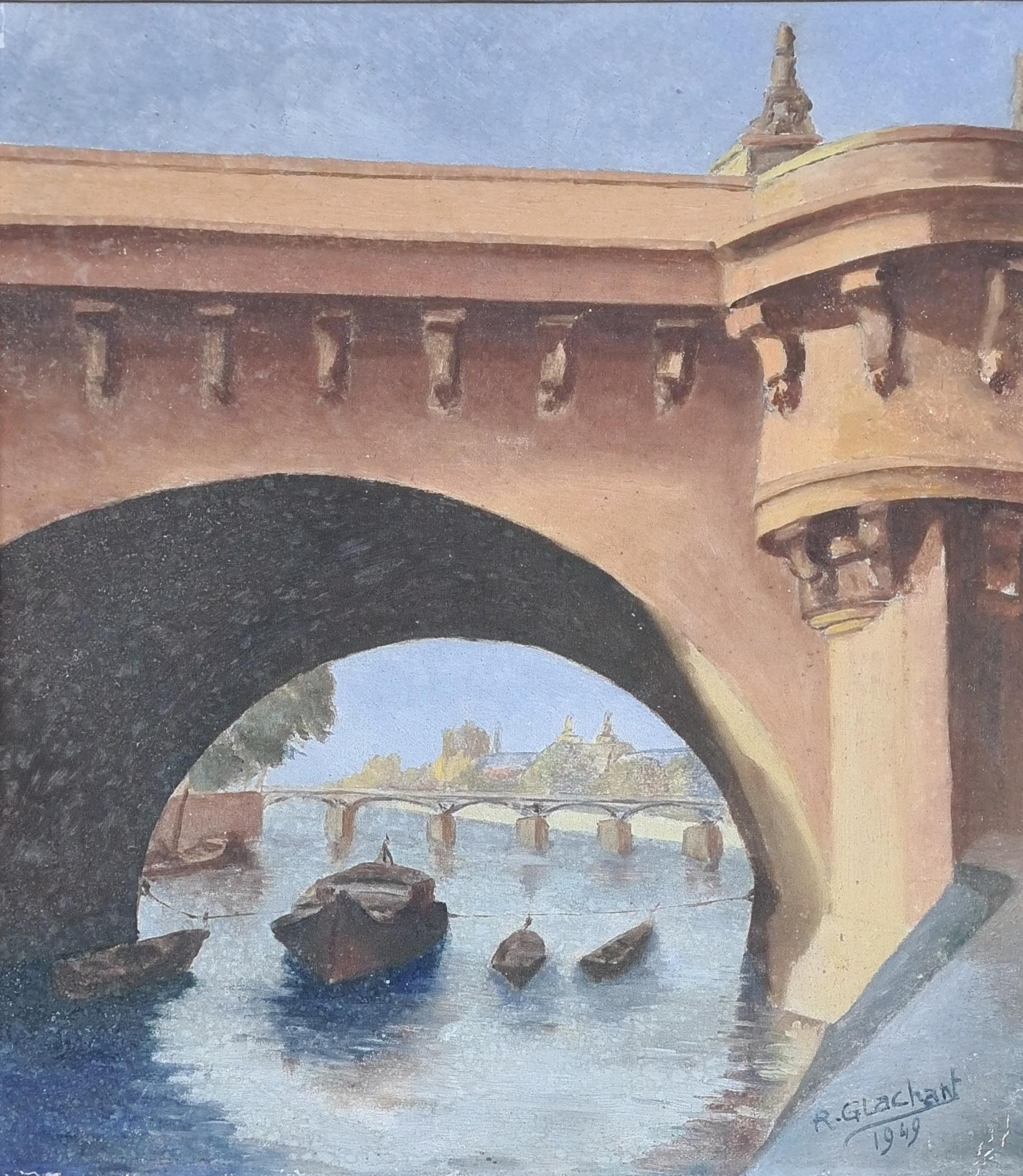 Pariser Blick aus der Mitte des Jahrhunderts, Le Pont Neuf und die Seine. Öl auf Karton. – Painting von R Glachant