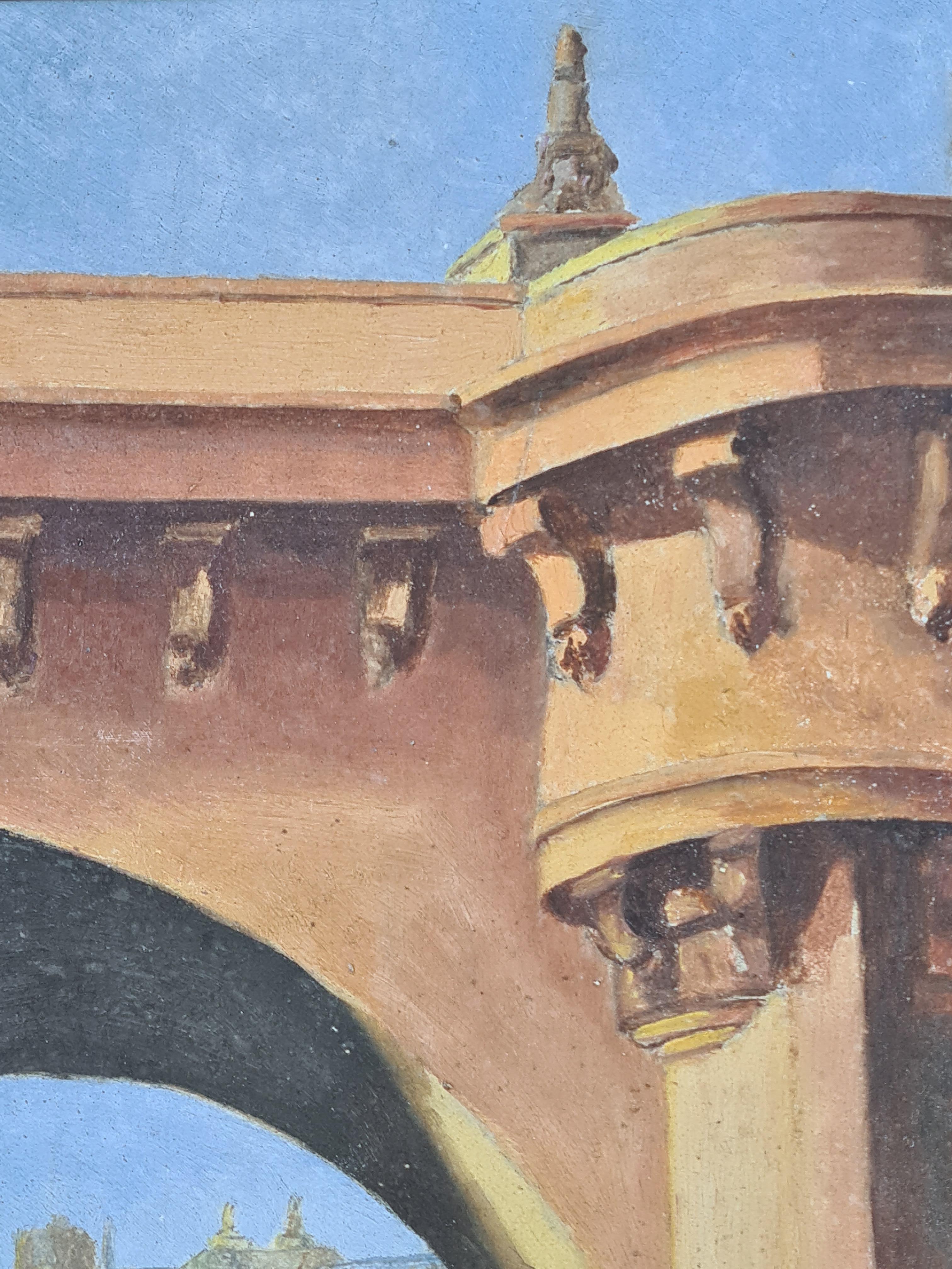 Pariser Blick aus der Mitte des Jahrhunderts, Le Pont Neuf und die Seine. Öl auf Karton. im Angebot 1