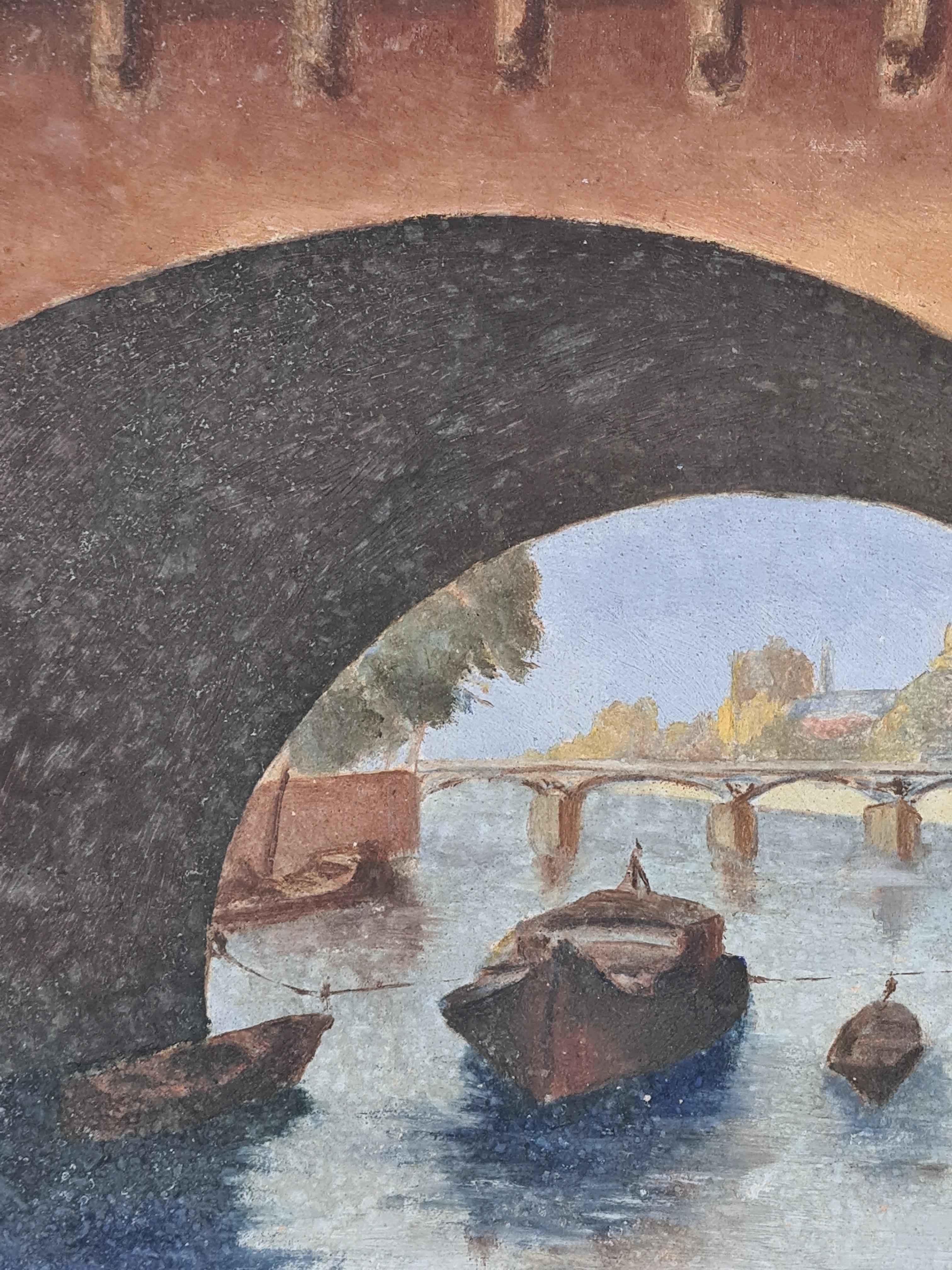 Pariser Blick aus der Mitte des Jahrhunderts, Le Pont Neuf und die Seine. Öl auf Karton. im Angebot 2