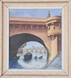 Vista de París de mediados de siglo, Le Pont Neuf y el Sena. Óleo sobre tabla.