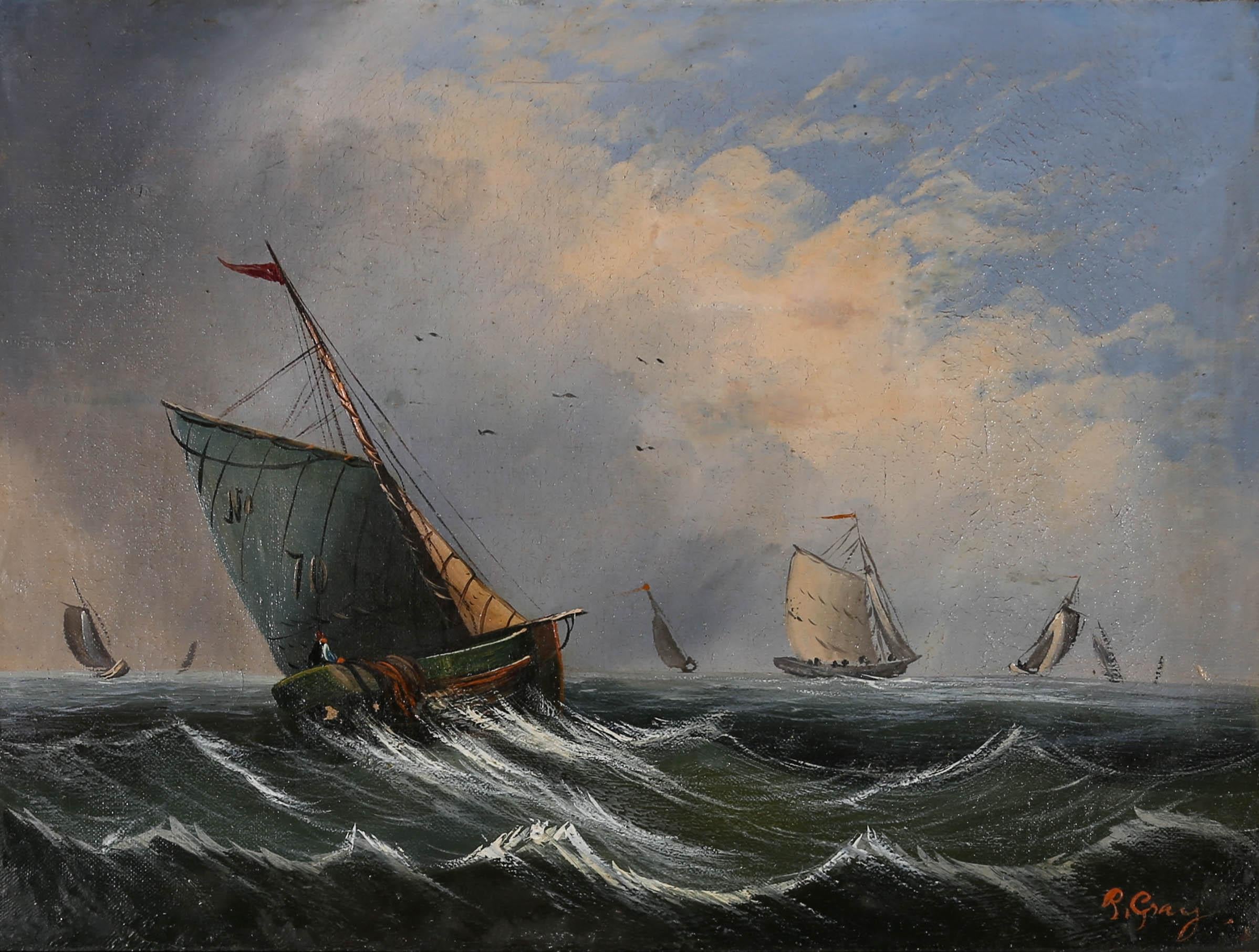 A delightful oil on canvas of various boats out on the calm water whilst the sunset is reflected on the clouds above. Signed to the lower right and well presented in a decorative gilt frame. On canvas on stretchers.