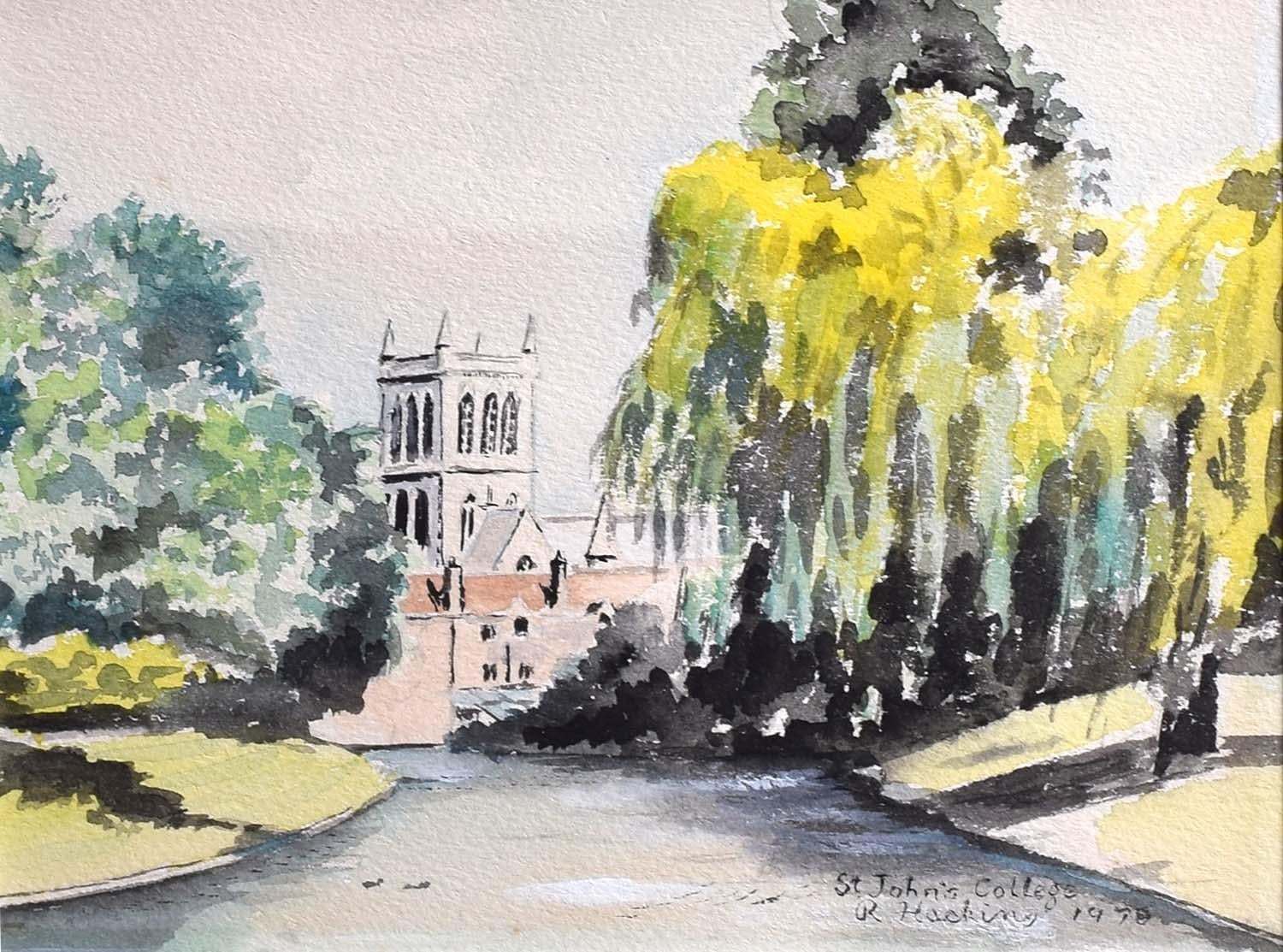 St. John’s College Cambridge from River Cam 1978 Watercolour 'R Hacking'