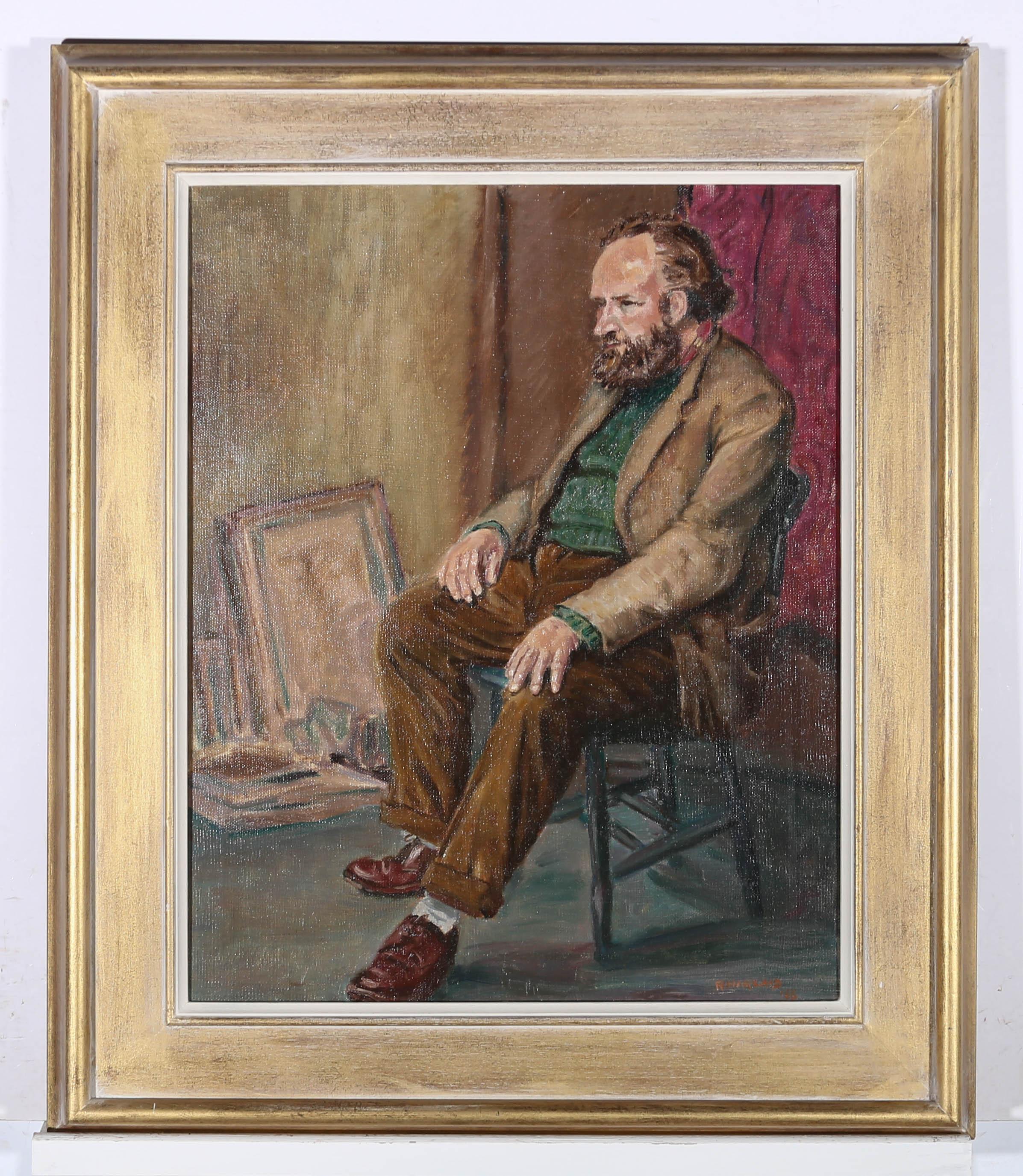 A charming full length portrait of a slumped, slightly scruffy looking intellectual, seated in a wooden chair. The artist has signed and dated to the lower right and to the reverse stretchers. The painting has been presented in a 20th Century gilt