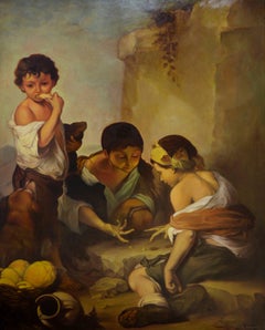 Boys Playing Dice - Mid Century Figurative in Oil on Masonite