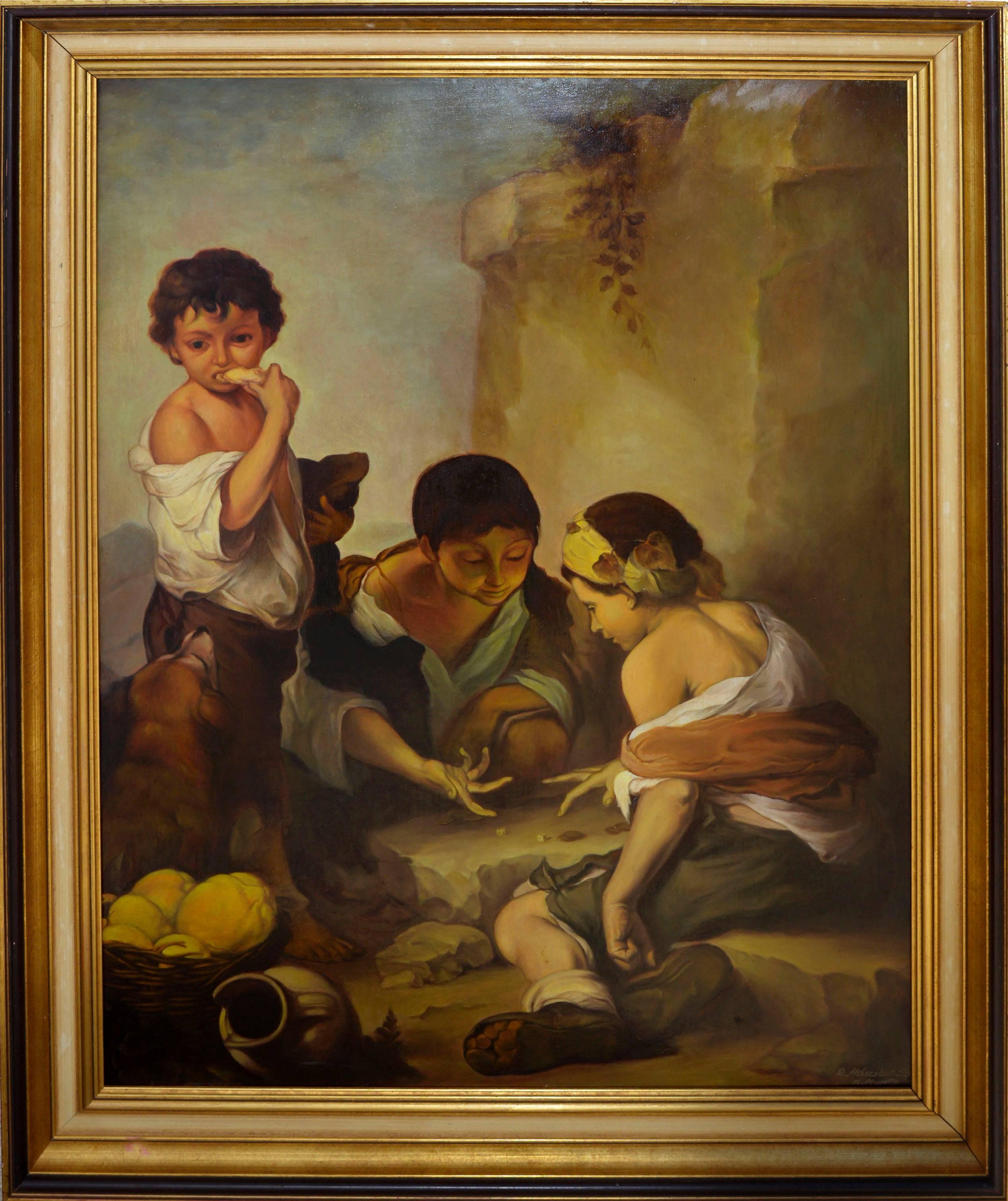 Boys Playing Dice - Mid Century Figurative in Oil on Masonite