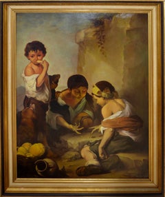 Boys Playing Dice - Mid Century Figurative in Oil on Masonite