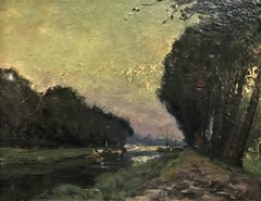 Antique Hauling along the Canal, original oil on canvas, post-impressionist, C 1910