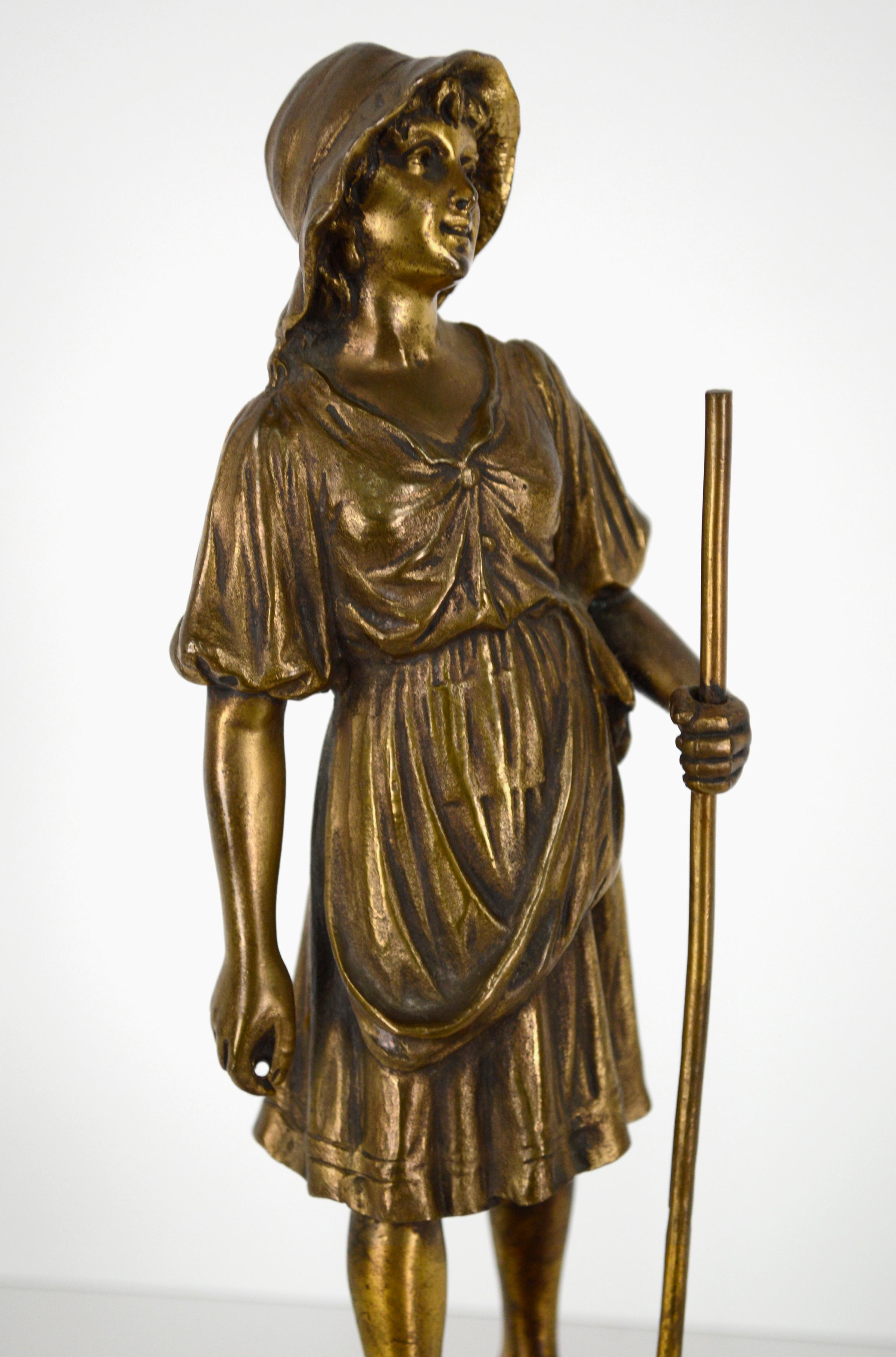 Early 20th Century Bronze Figure Sculpture, Shepherd Girl with Staff Statue For Sale 5