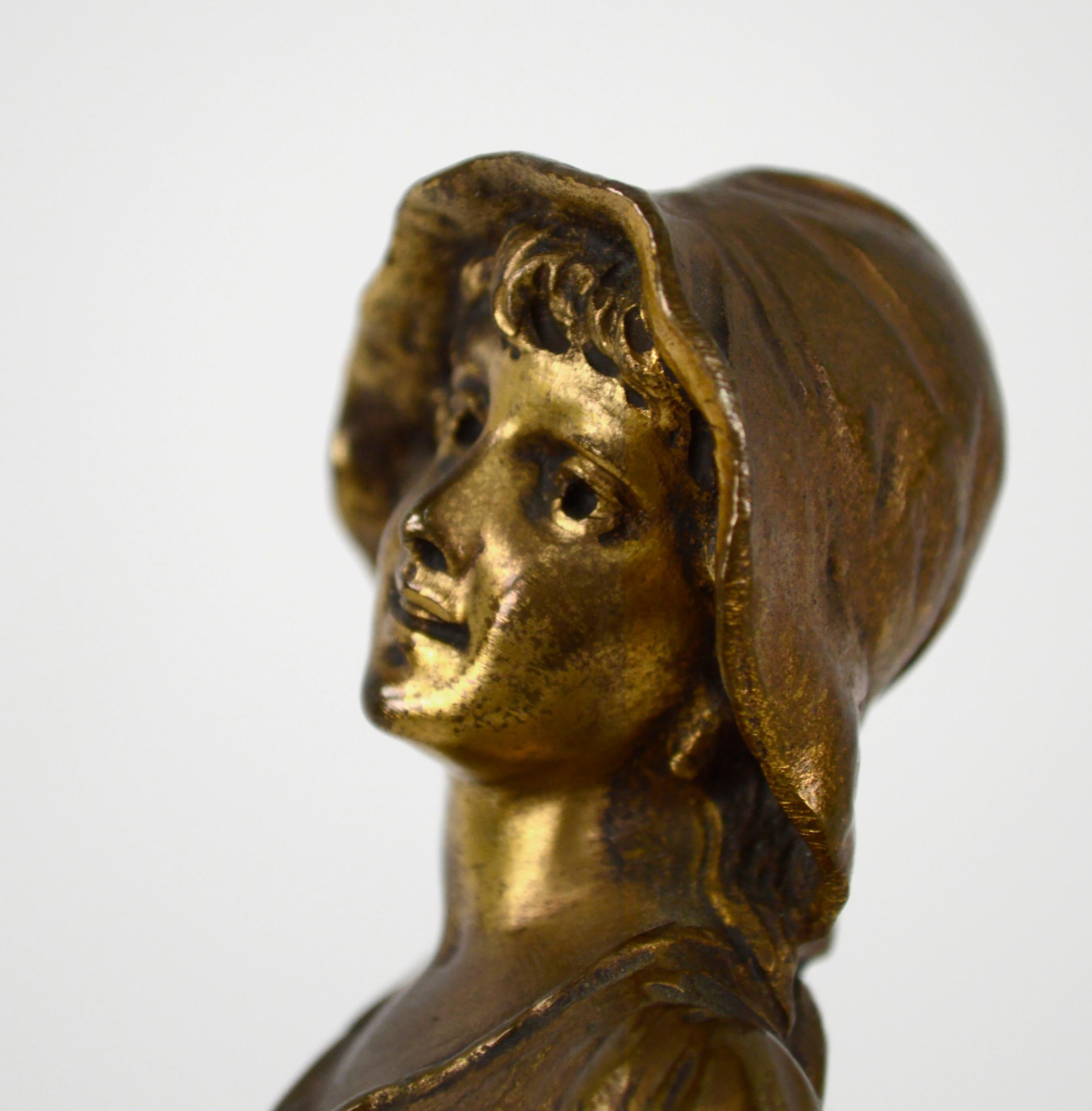 Early 20th Century Bronze Figure Sculpture, Shepherd Girl with Staff Statue - Gold Figurative Sculpture by R. Hobold